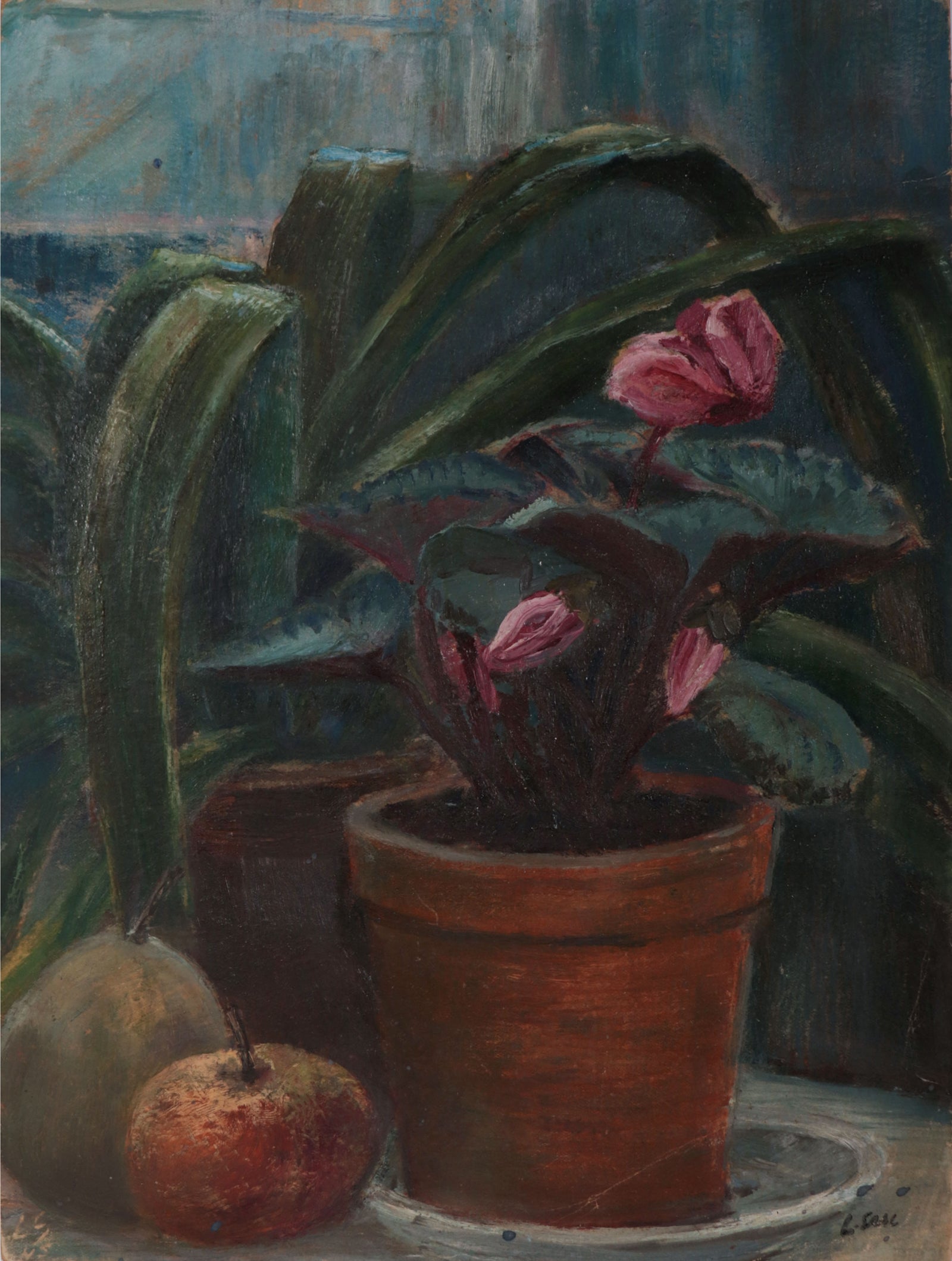 Still Life with Potted Cyclamen Flower <br>Mid Century Acrylic <br><br>#D0046