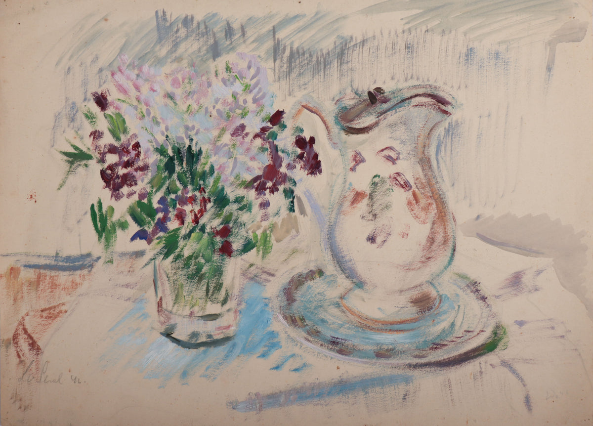 Floral Still Life with Pitcher <br>1946 Acrylic <br><br>#D0047