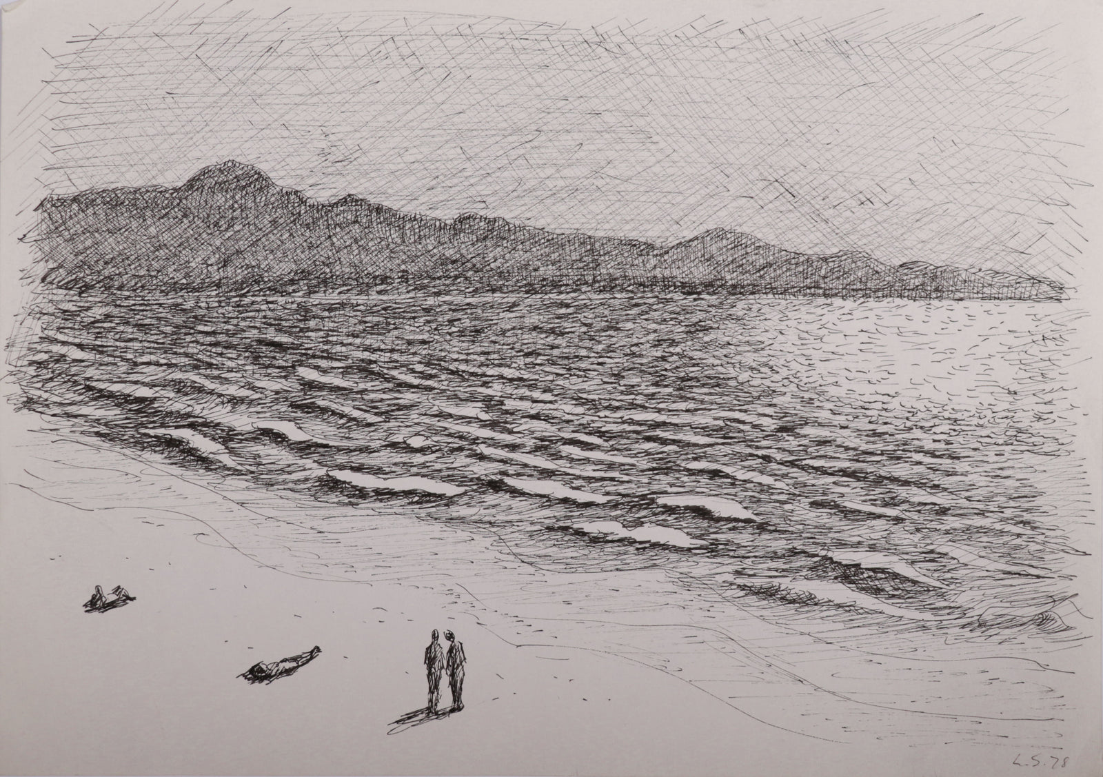 Monochrome Beach Scene <br>1978 Pen <br><br>#D0048
