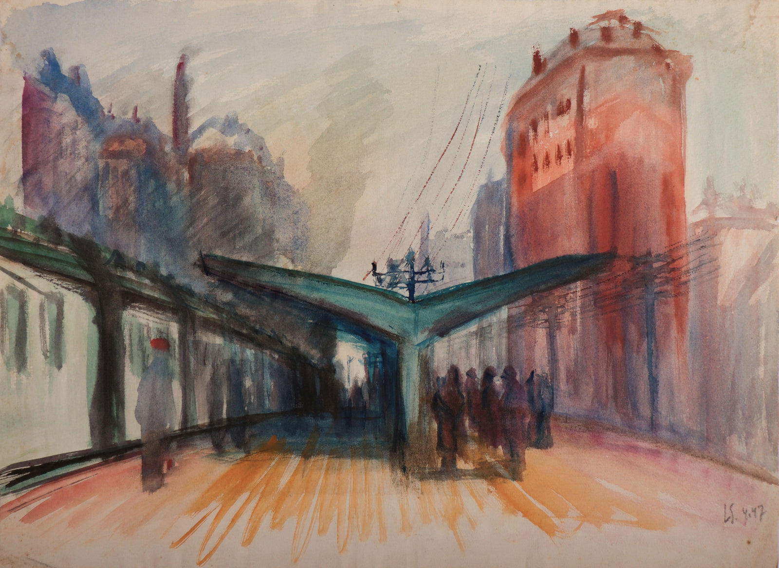 Waiting for the Light Rail <br>1947 Watercolor <br><br>#D0051