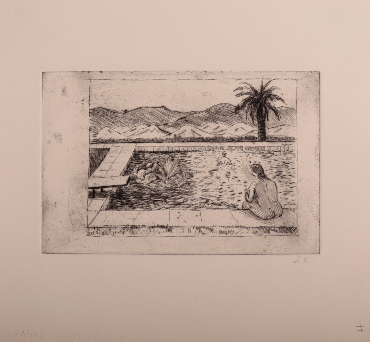 Monochrome Pool Scene <br>Mid Century Etching <br><br>#D0057