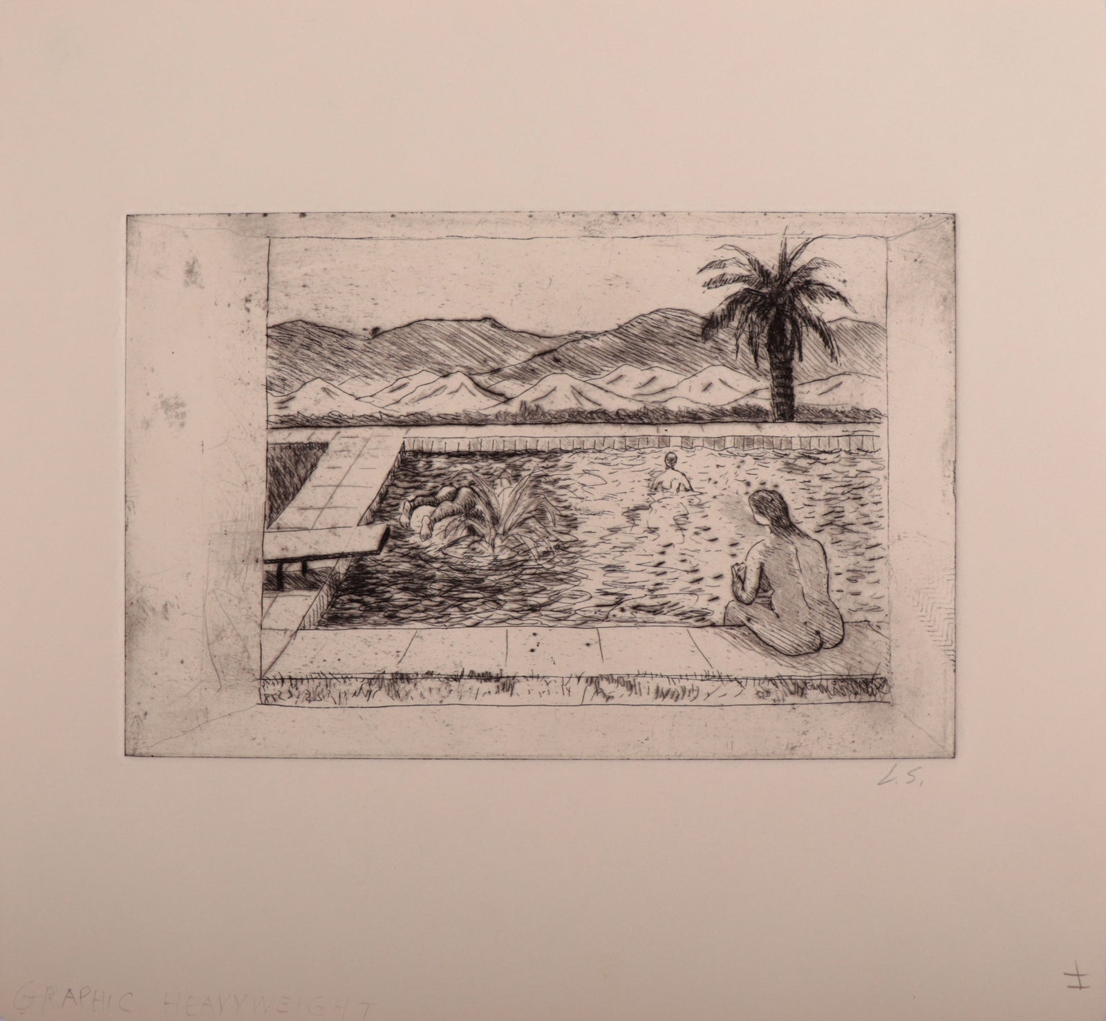 Monochrome Pool Scene <br>Mid Century Etching <br><br>#D0057