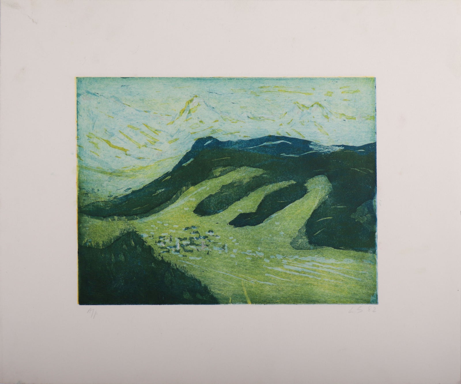Green Mountain Hillside <br>1982 Colored Etching <br><br>#D0060