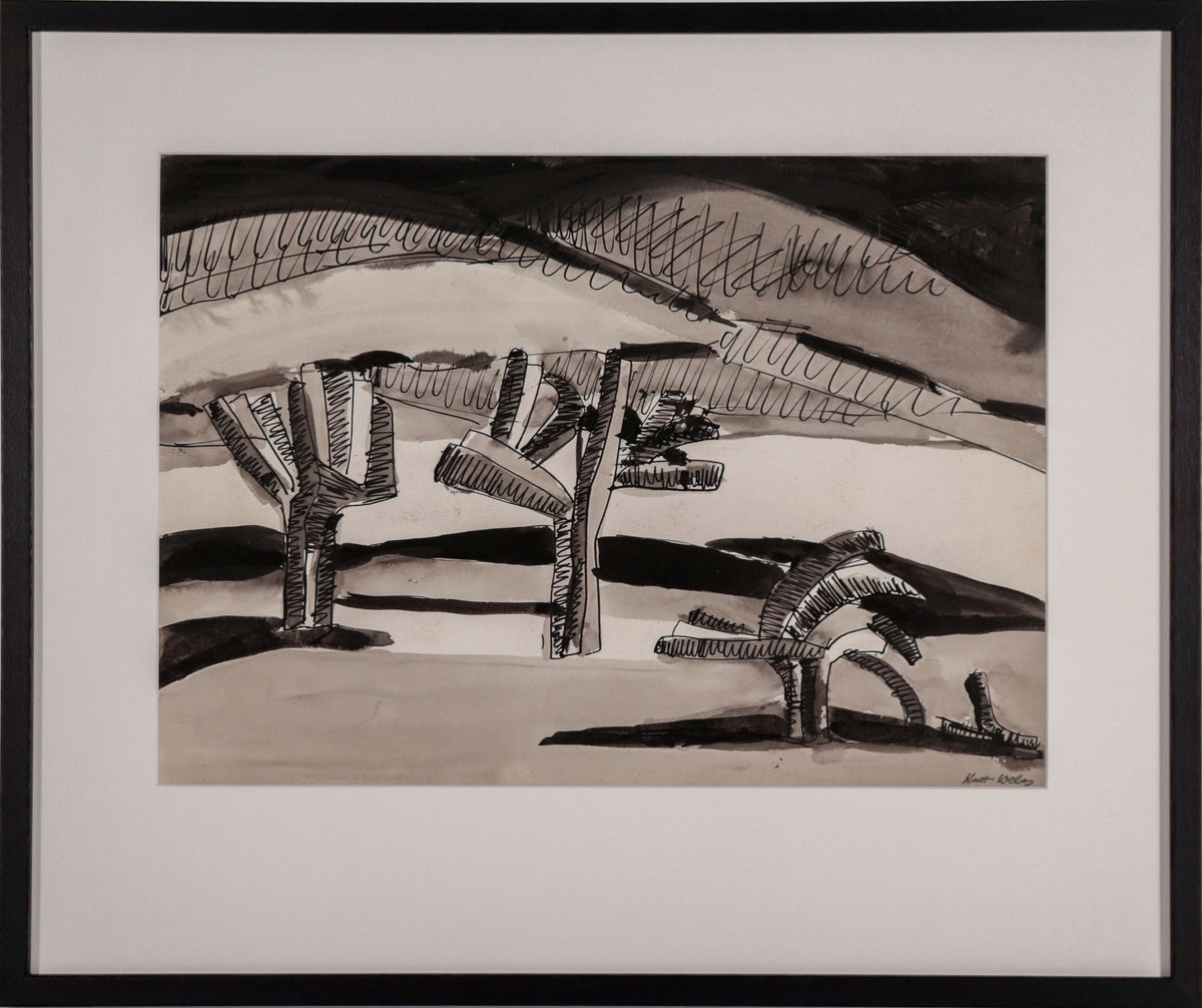 Blocky Abstracted Landscape <br>Mid Century Gouahce &amp; Ink <br><br>#D0142