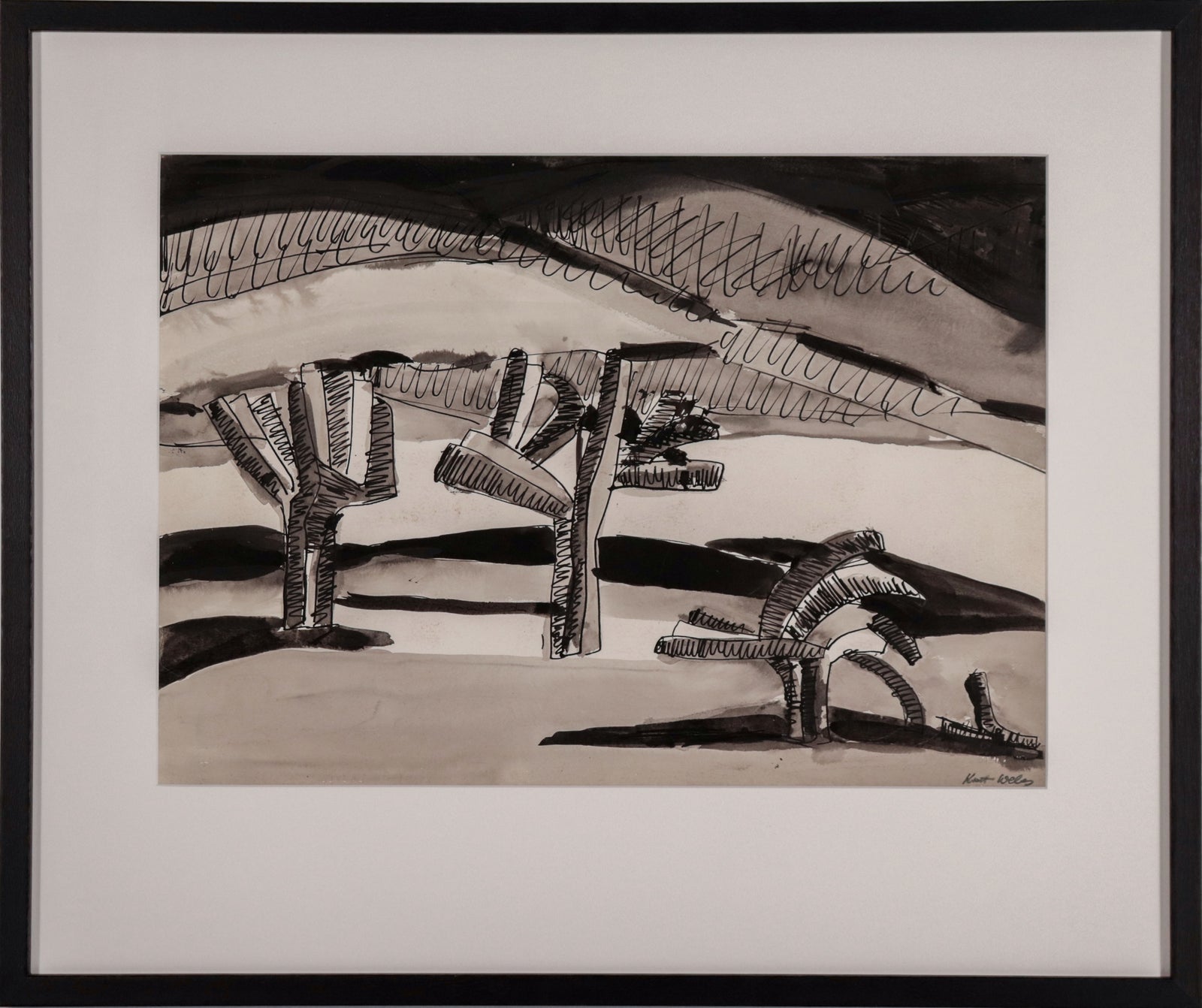 Blocky Abstracted Landscape <br>Mid Century Gouahce & Ink <br><br>#D0142