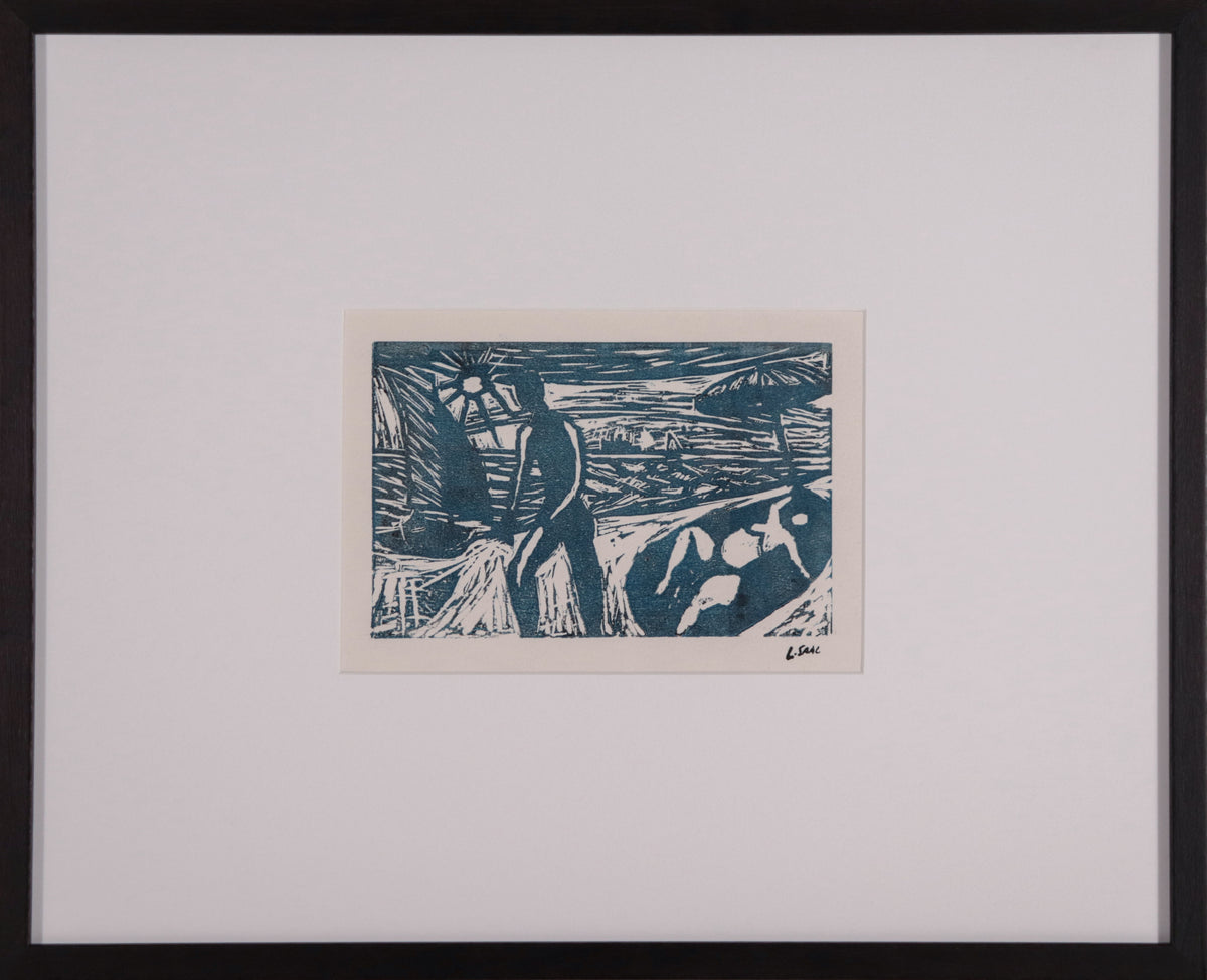 <i>Two Figures at the Beach</i> <br>1980s Linoleum Block Print <br><br>#D0148