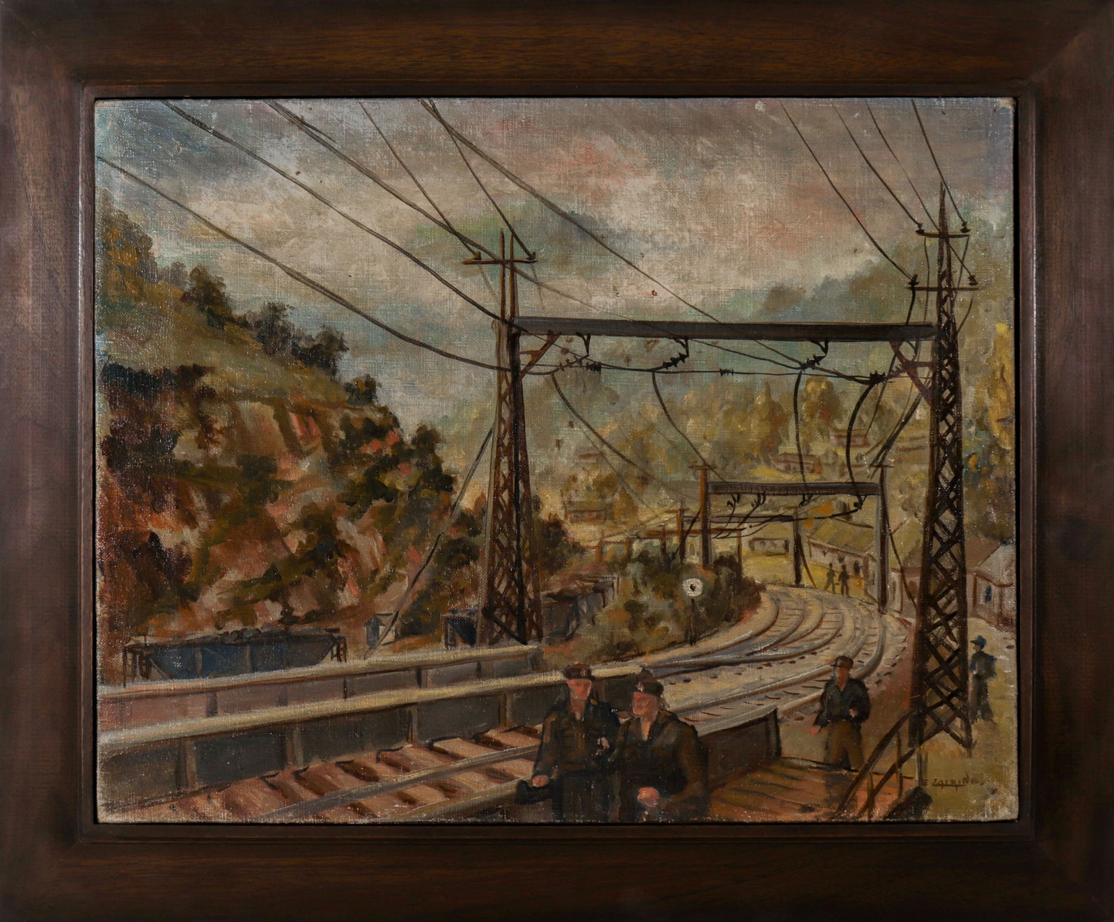 Workers by The Train Tracks<br>1930-40s Oil <br><br>#D0348