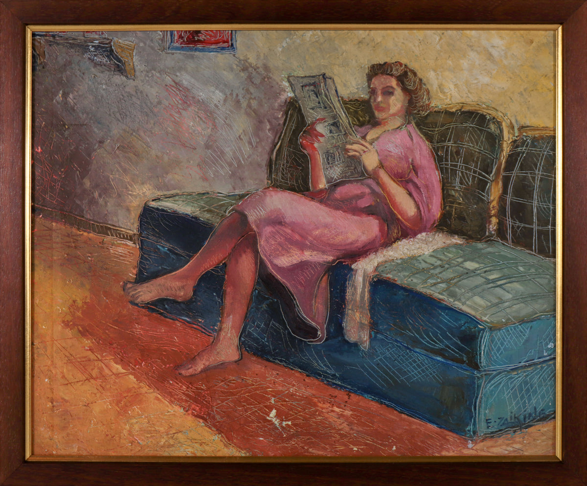 Woman Reading <br>1930-40s Oil <br><br>#D0353