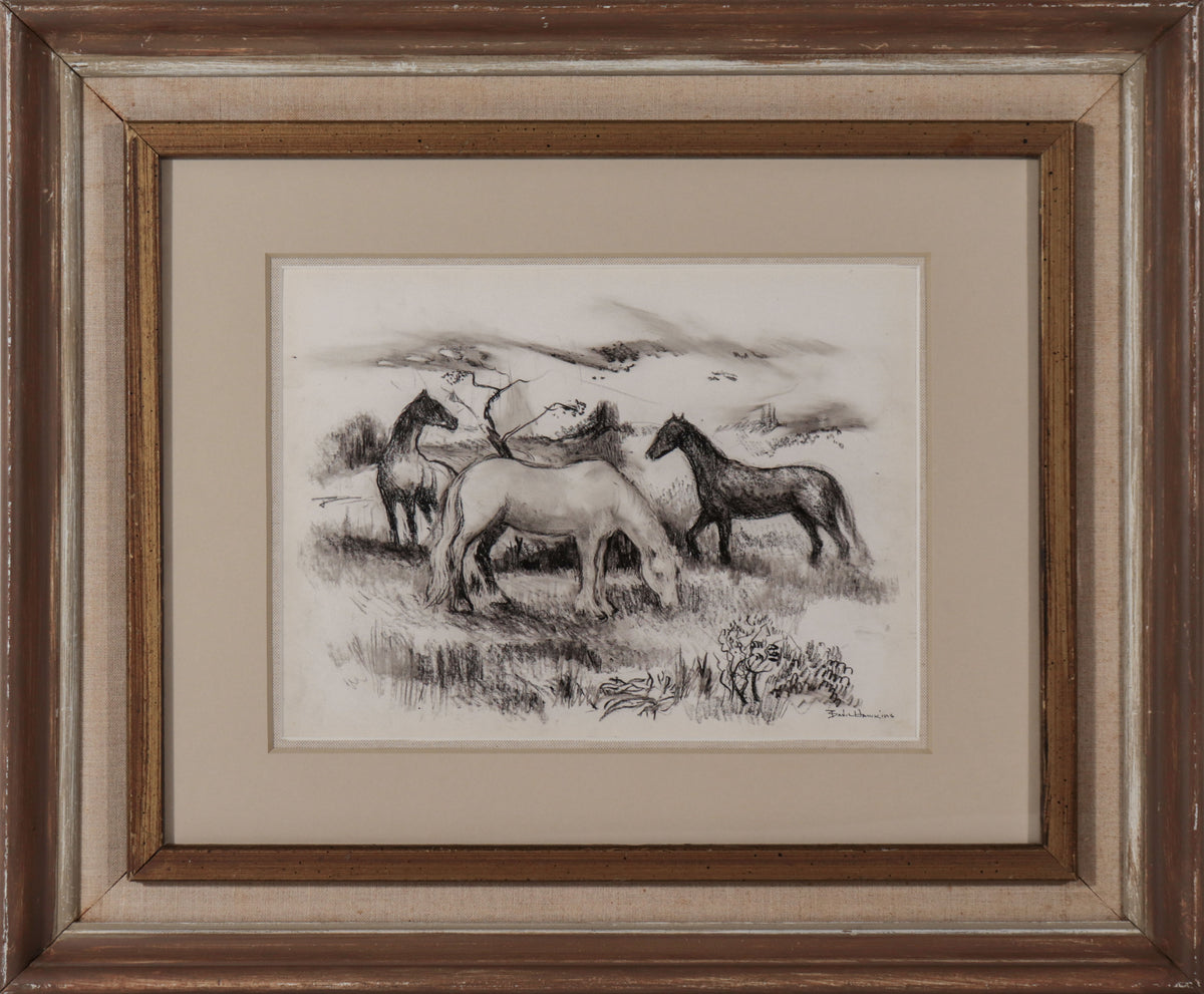 Scene with Horses <br>1930-40s Grease Pencil <br><br>#D0386