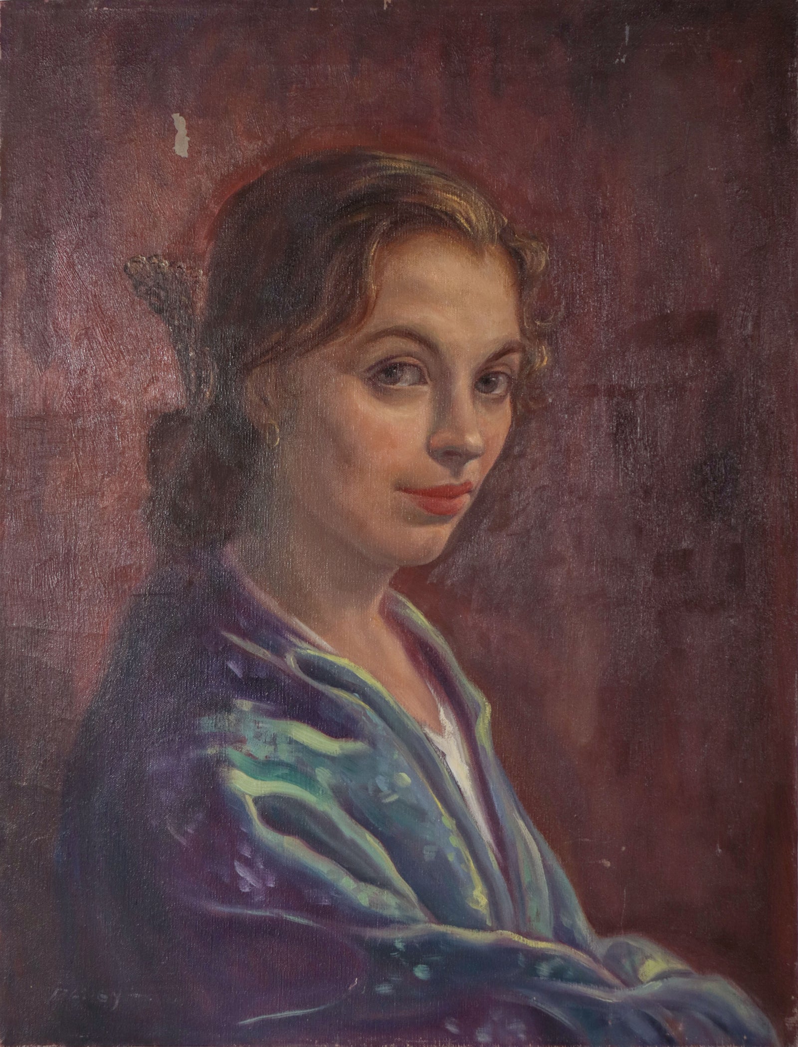 Coy Female Portrait <br>Mid Century Oil <br><br>#D0482