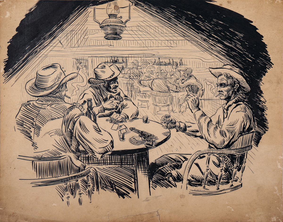 Cowboy Poker Game <br>1930-40s Ink &amp; Graphite <br><br>#D0539