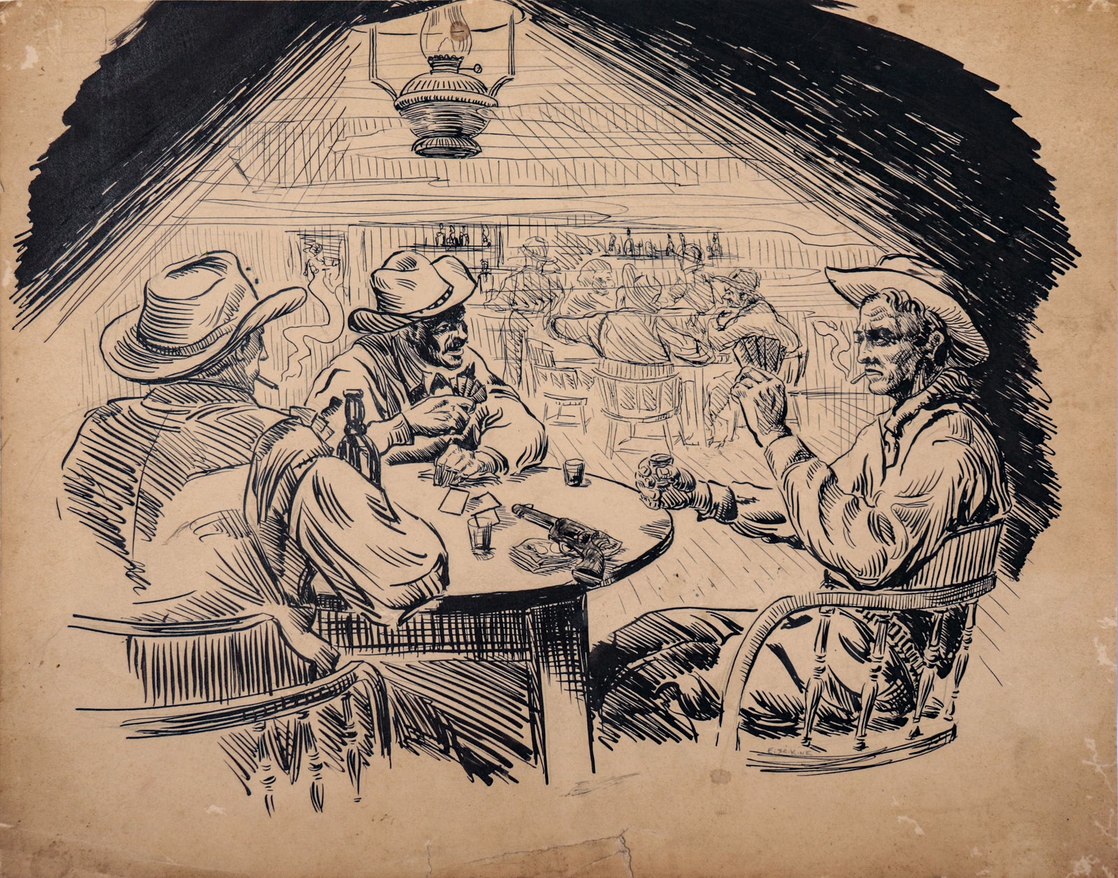 Cowboy Poker Game <br>1930-40s Ink & Graphite <br><br>#D0539