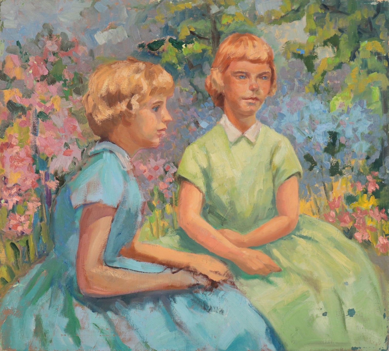 Two Girls <br>Mid Century Oil <br><br>#D0546