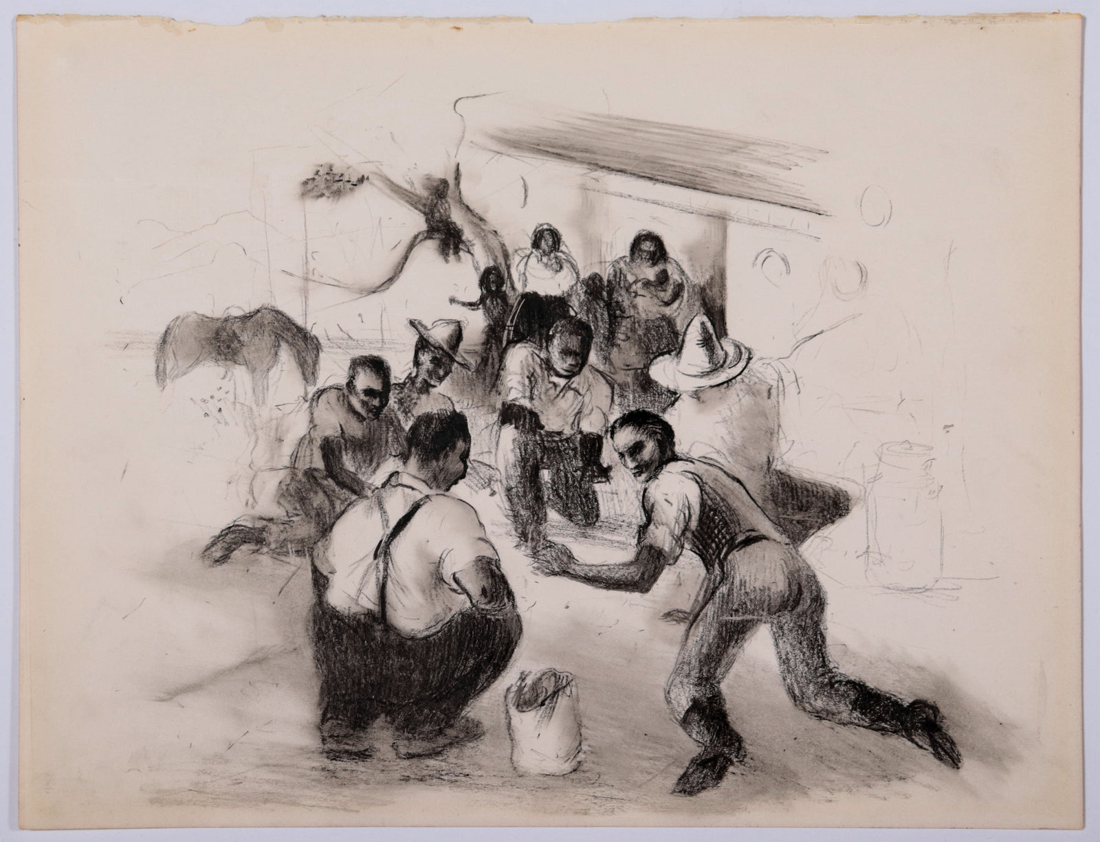 Monochrome People Scene <br>1930s Grease Pencil <br><br>#D0566