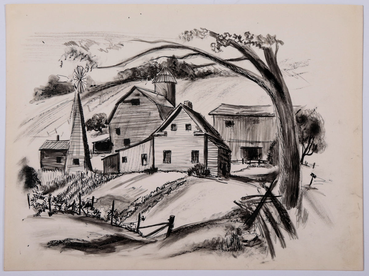 Monochrome Landscape with Farm <br>1930s Grease Pencil <br><br>#D0568