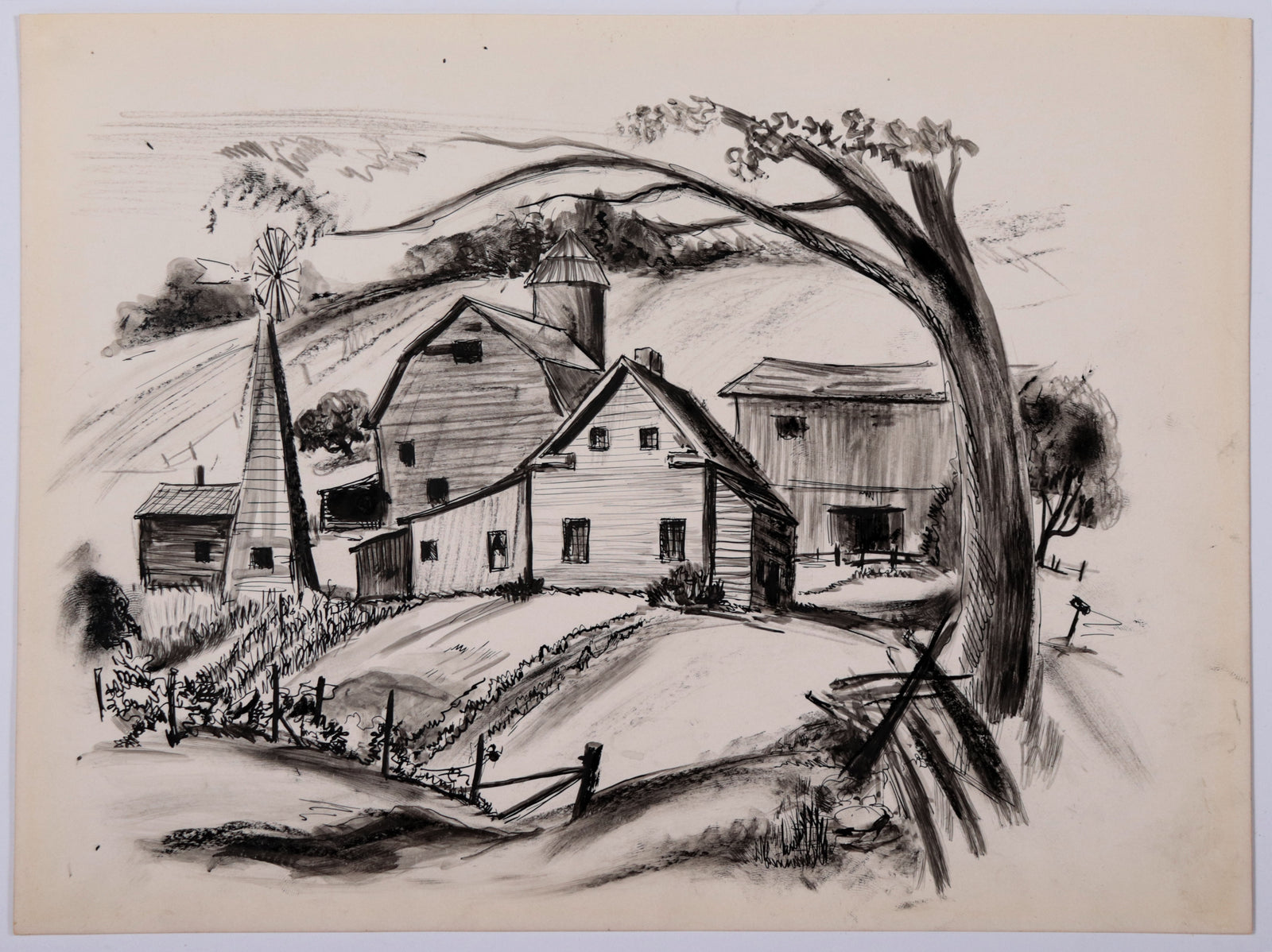 Monochrome Landscape with Farm <br>1930s Grease Pencil <br><br>#D0568