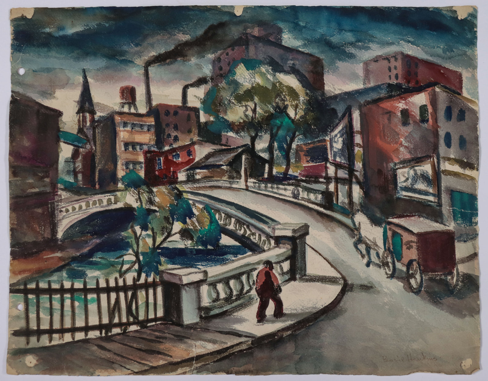 Cityscape View with Bridge <br>1930s Watercolor <br><br>#D0570