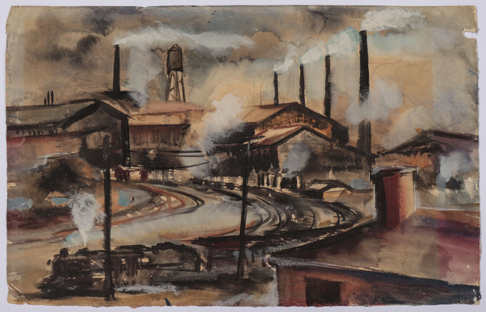 Smoky Trainyard <br>1930s Watercolor <br><br>#D0575