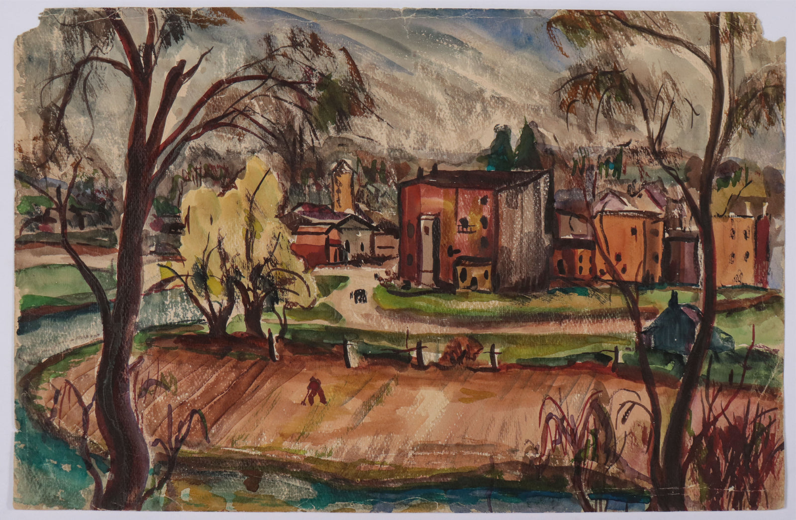 Quiet City Park Scene <br>1930s Watercolor <br><br>#D0577