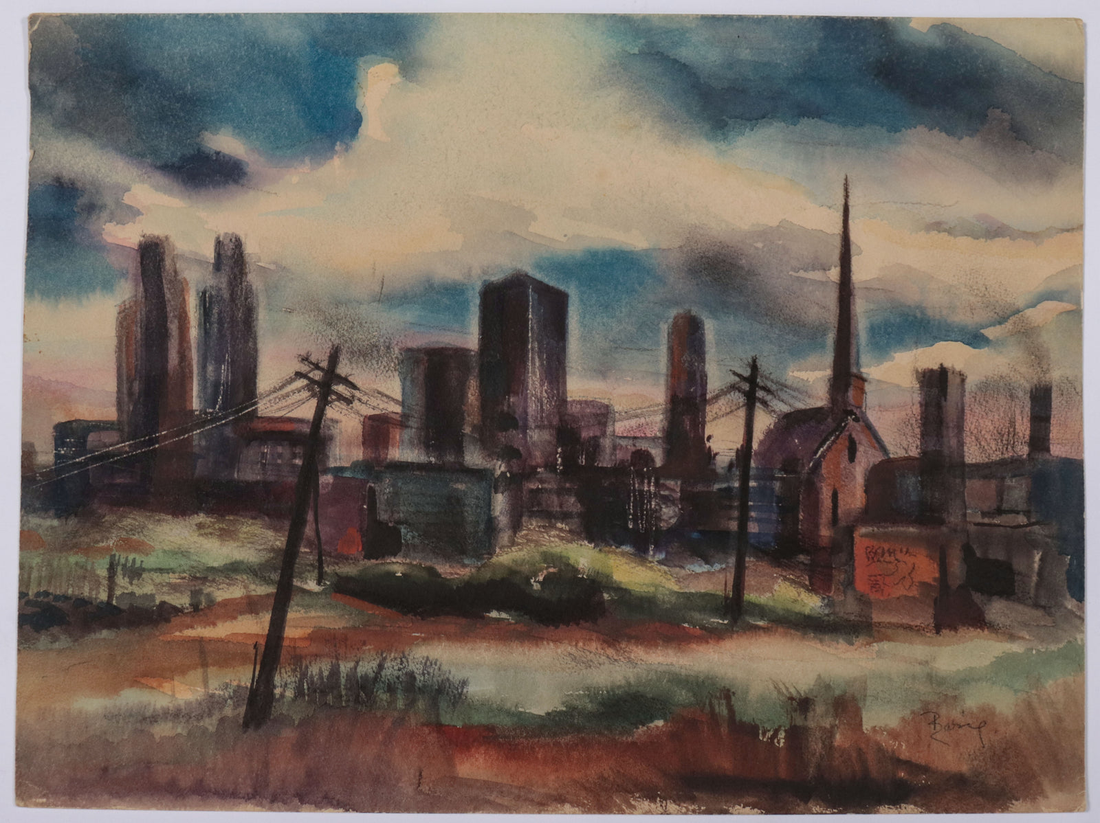 Moody City Skyline <br>1930s Watercolor <br><br>#D0578