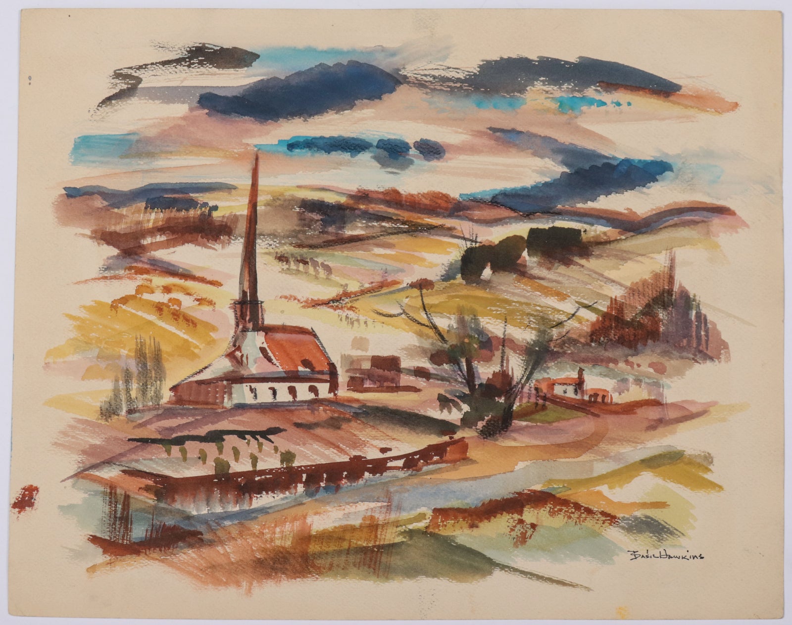 Warm Landscape with Church <br>1930s Watercolor <br><br>#D0579