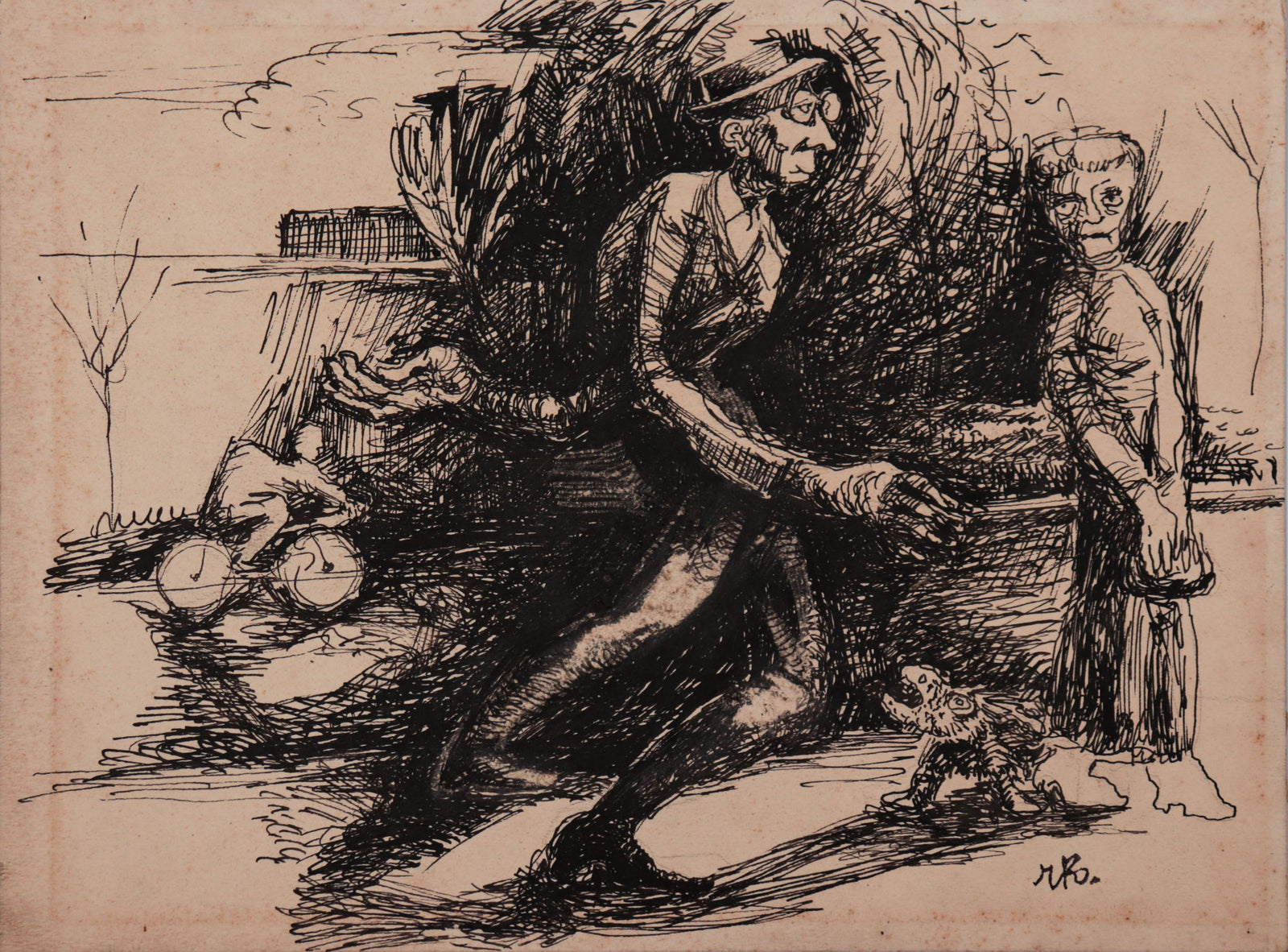 Monochrome People Scene <br>1930-40s Ink <br><br>#D0585