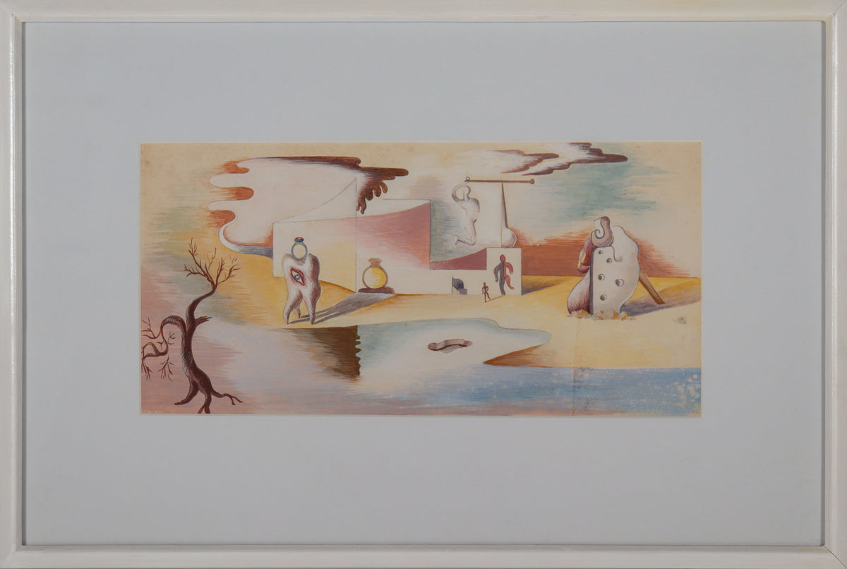 Dali-esque Figures in Landscape <br>1940s Tempera Paint <br><br>#D0604