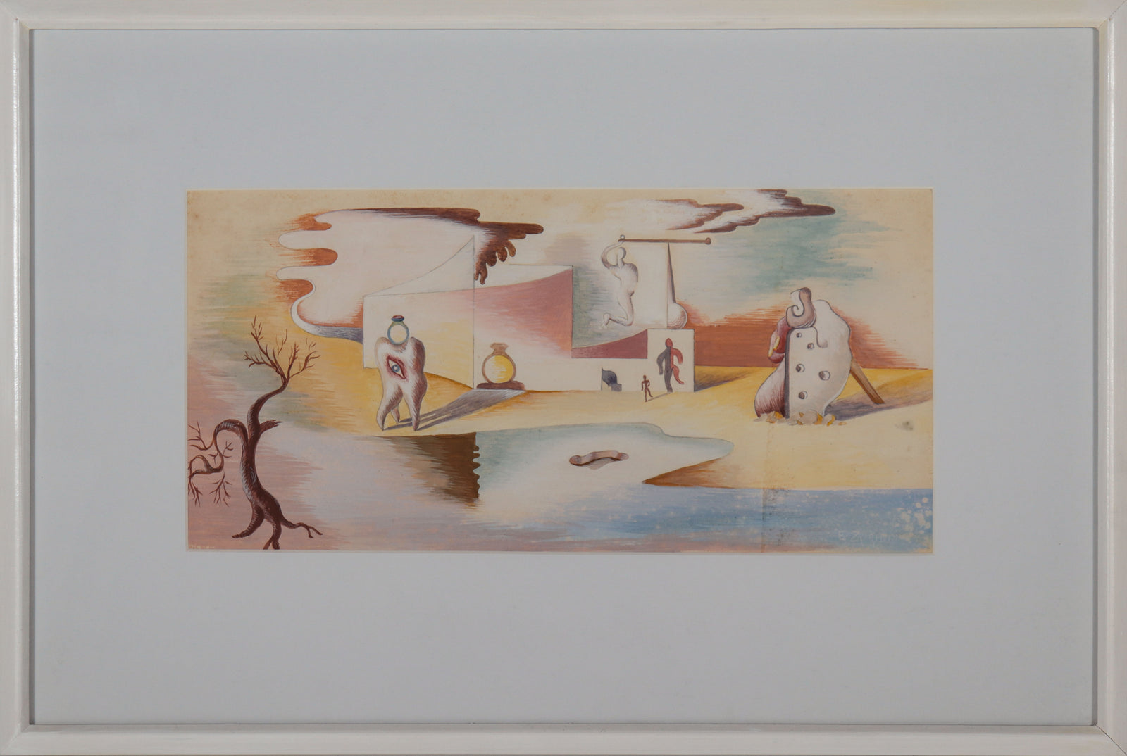 Dali-esque Figures in Landscape <br>1940s Tempera Paint <br><br>#D0604