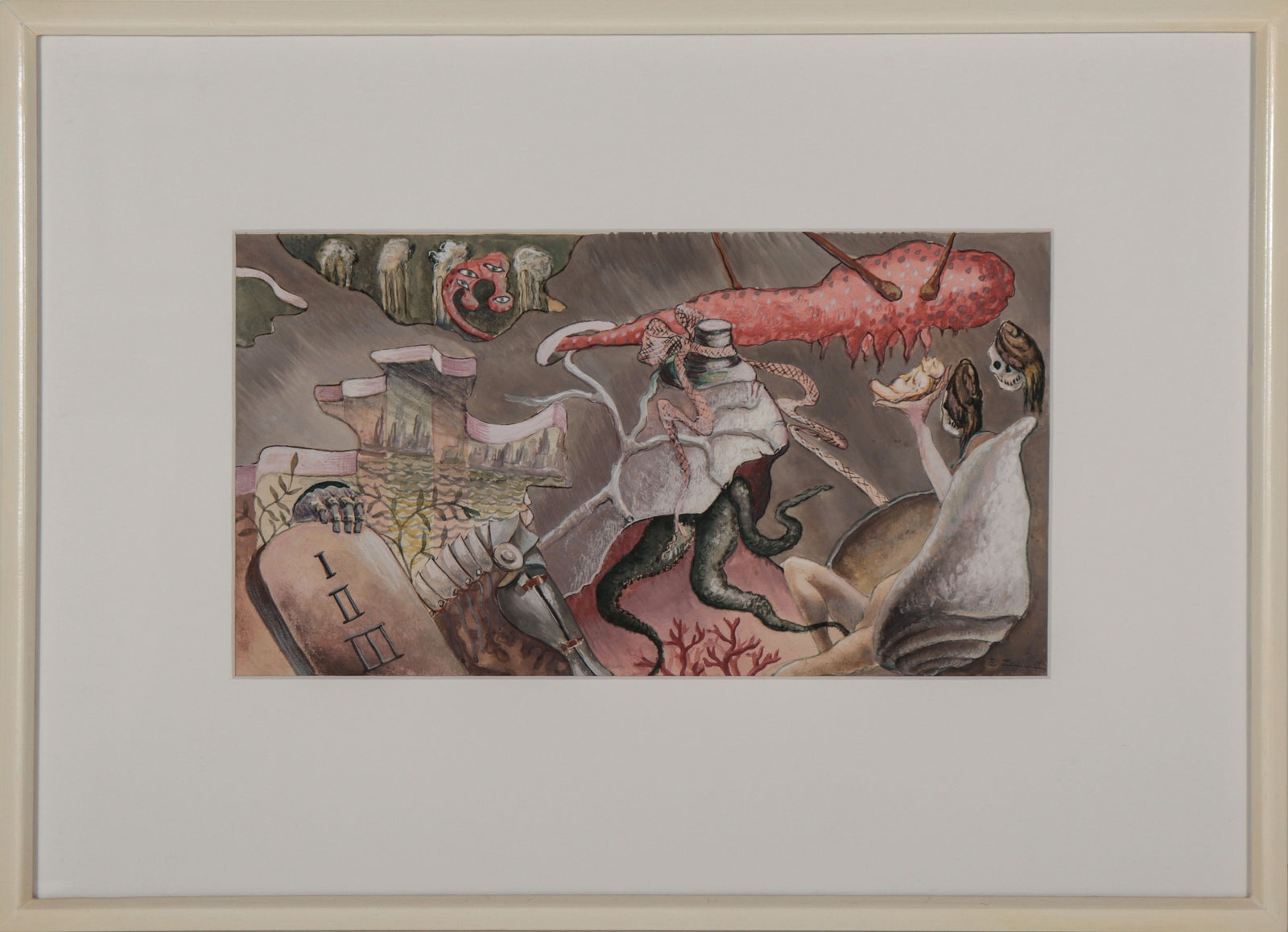 Surreal Landscape & Figures <br>1940s Tempera Paint <br><br>#D0607
