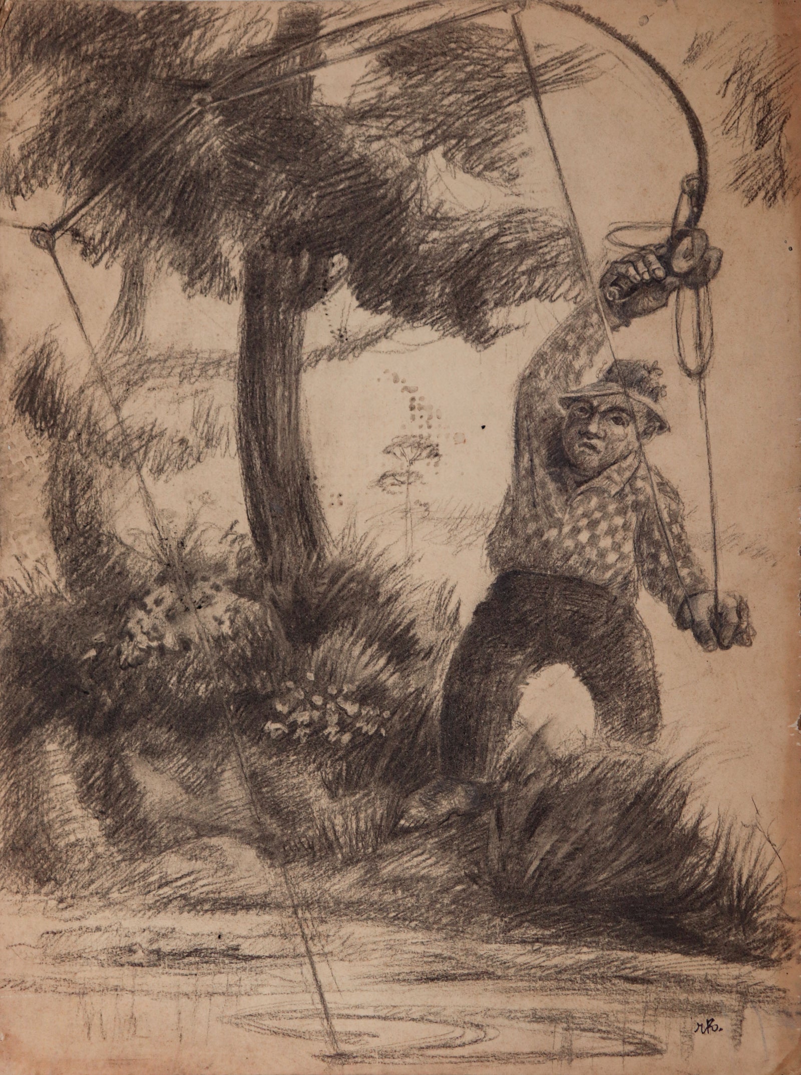 Man Fishing <br>1930-40s Graphite <br><br>#D0627