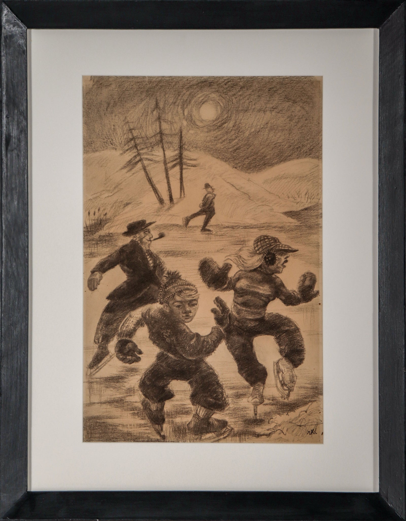 Skating at Night <br>1930-40s Charcoal <br><br>#D0648