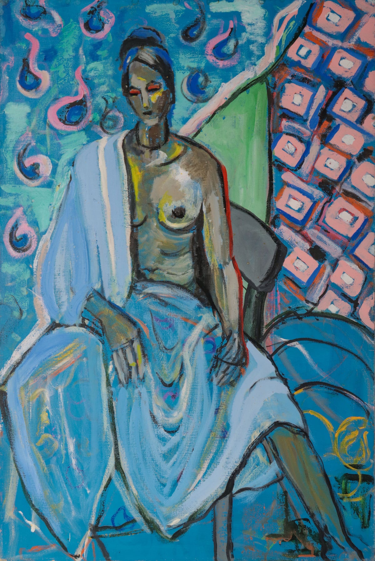 Seated Nude in Blue <br>1970s Oil <br><br>#D0666