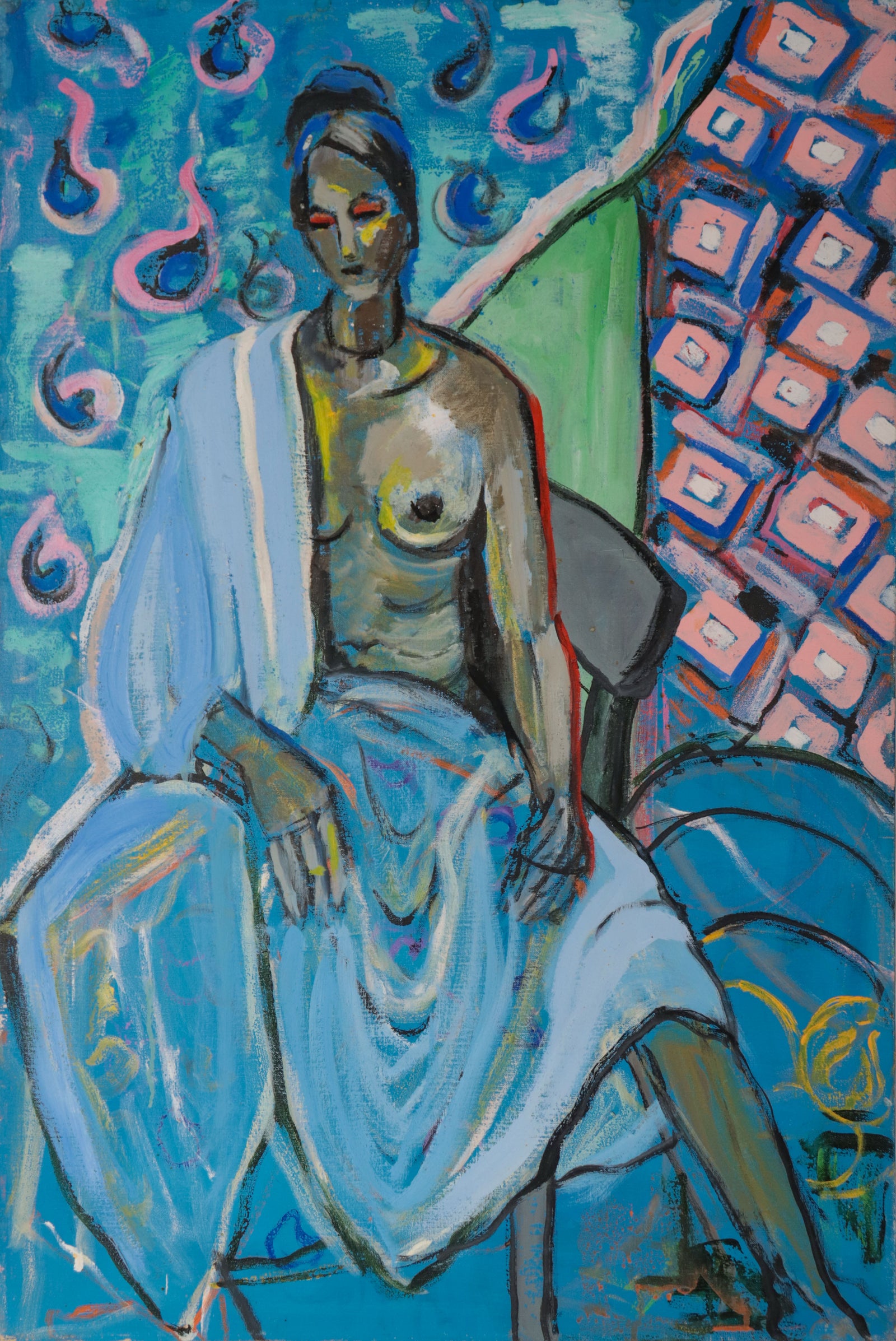 Seated Nude in Blue <br>1970s Oil <br><br>#D0666
