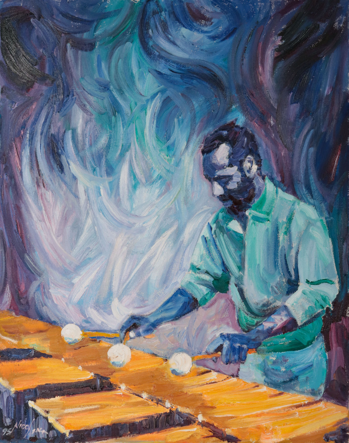 Bay Area Figurative Jazz Musician <br>1995 Oil <br><br>#D0671