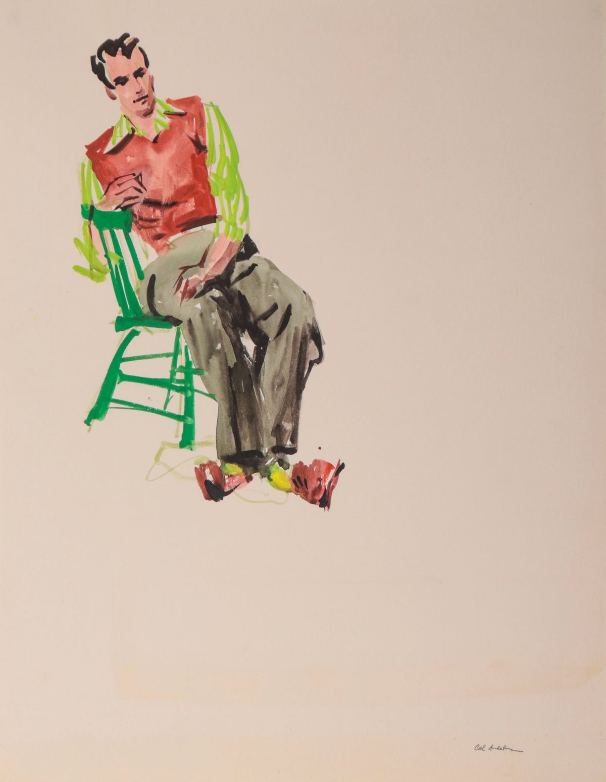 Man in Green Chair <br>1940-50s Watercolor <br><br>#D0675