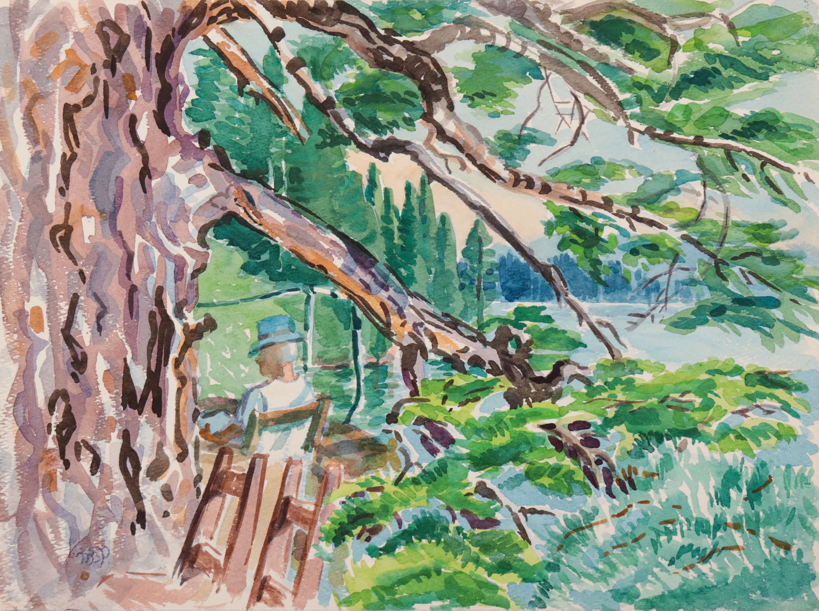 <i>Reading on the South Deck</i> <br>20th Century Watercolor <br><br>#D0696