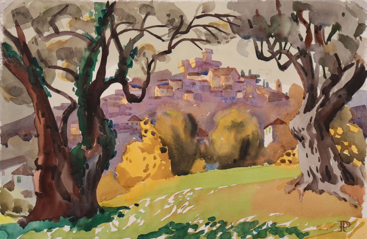<i>Coldi Cagnes from Renoir's Garden</i> <br>1960s Watercolor <br><br>#D0702