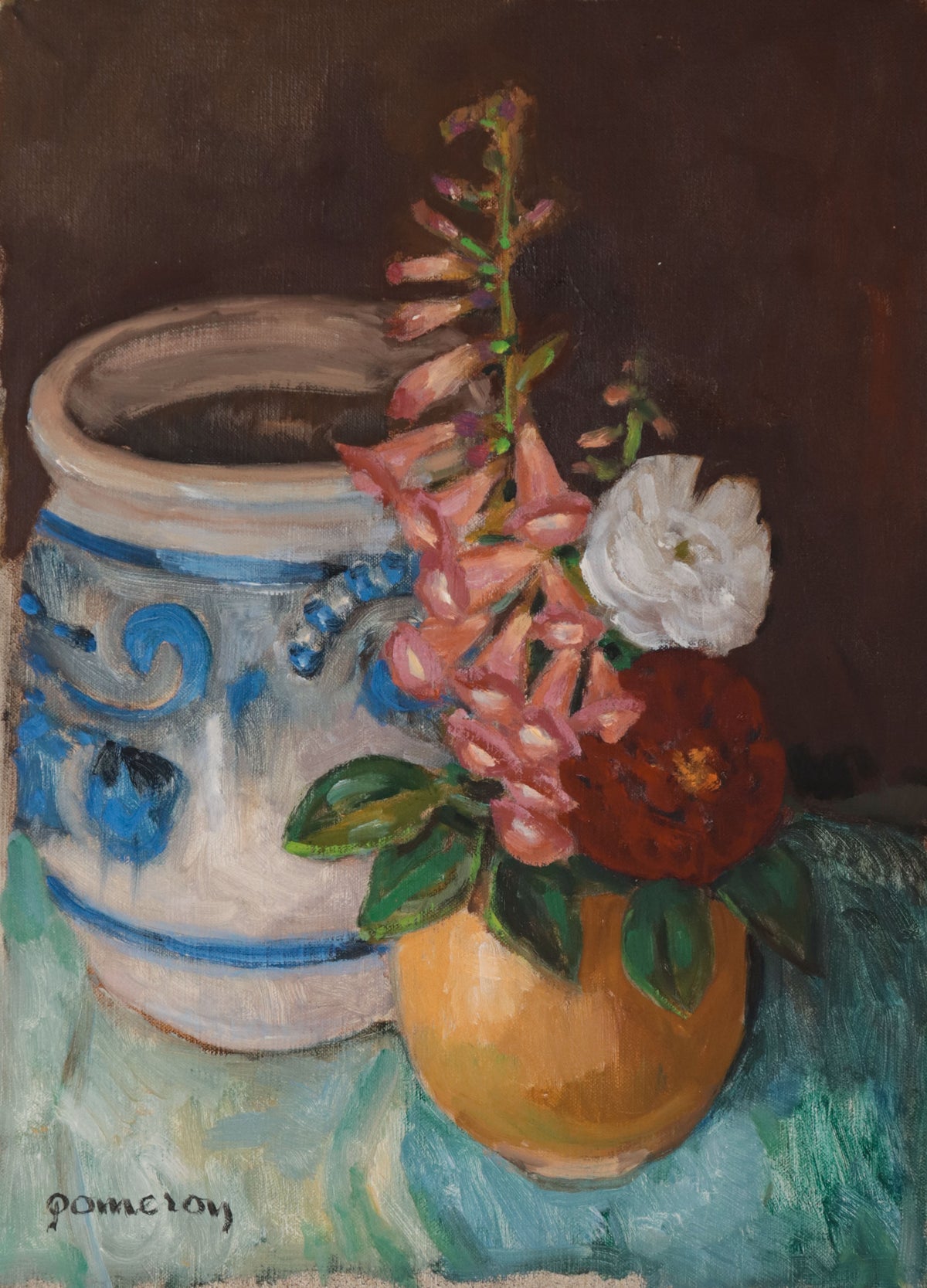 Still Life with Pot &amp; Flowers <br>20th Century Oil <br><br>#D0709