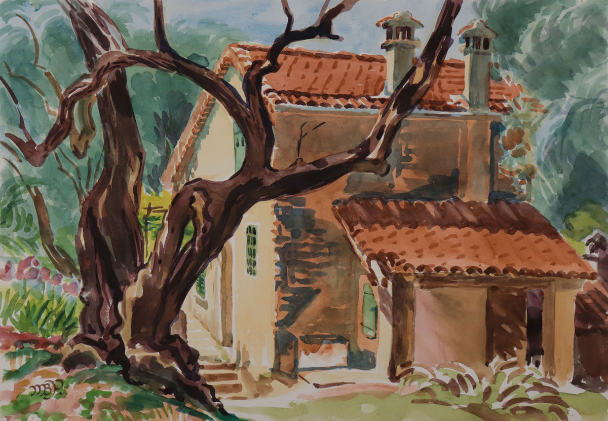 <i>Old Farmhouse &amp; Old Olive Tree in Renoir's Garden</i> <br>1965 Watercolor <br><br>#D0721