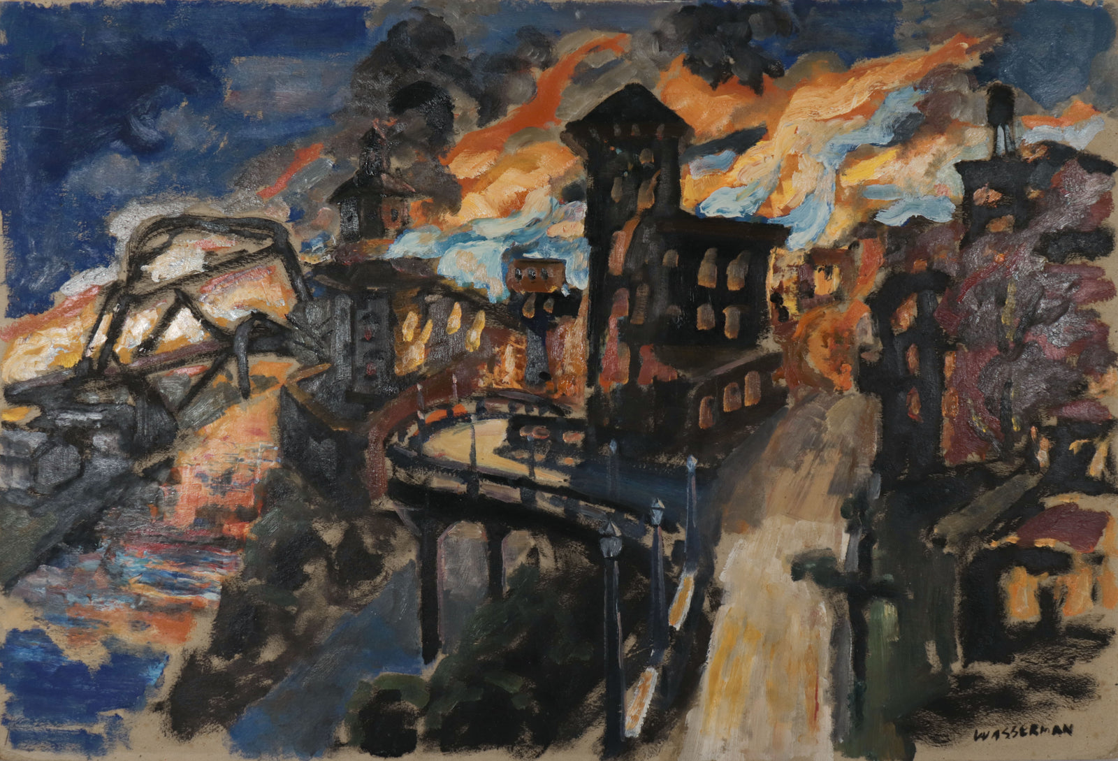 <i>Tacoma at War</i> <br>1946 Oil on Paper Board <br><br>#D0726