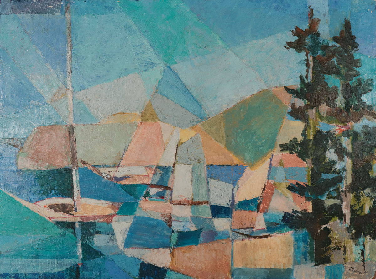 Abstracted Geometric Landscape <br>Mid Century Oil <br><br>#D0729