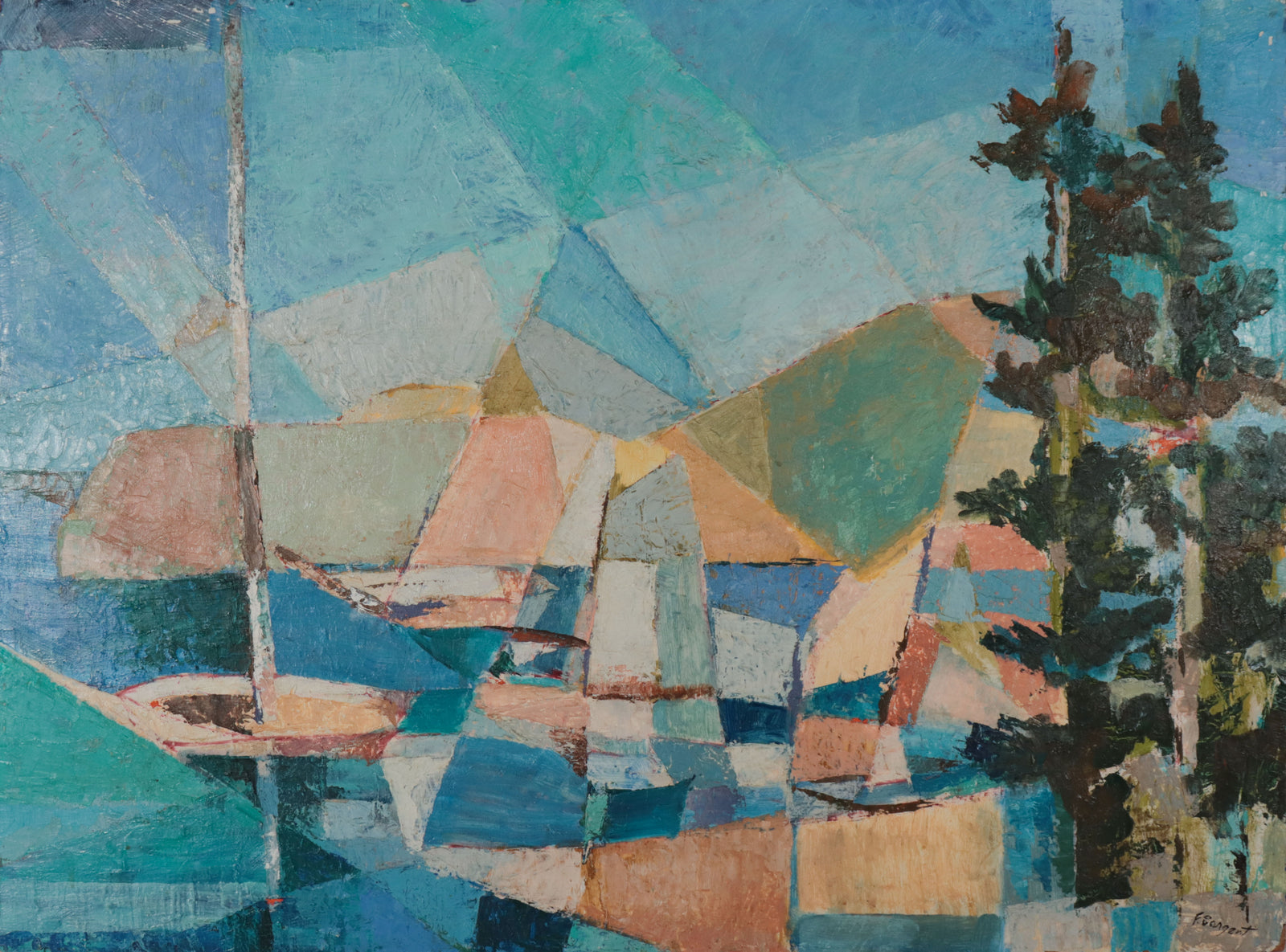 Abstracted Geometric Landscape <br>Mid Century Oil <br><br>#D0729