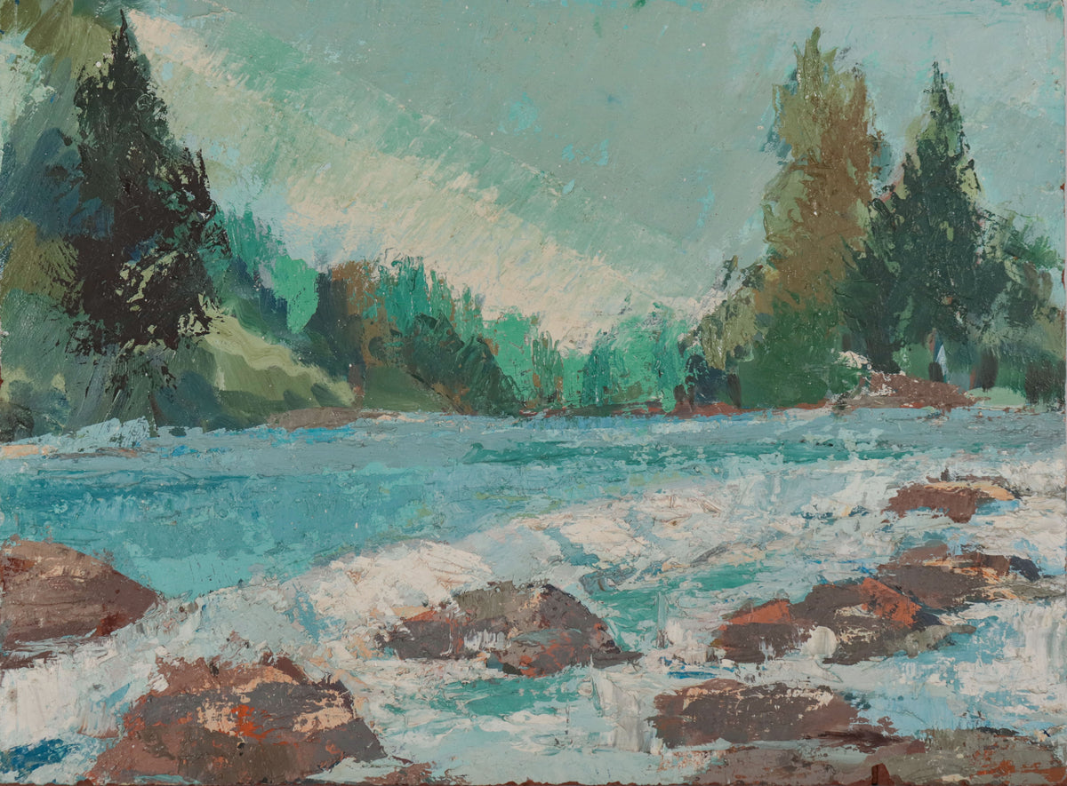 Mountain River Scene <br>Mid Century Oil <br><br>#D0735