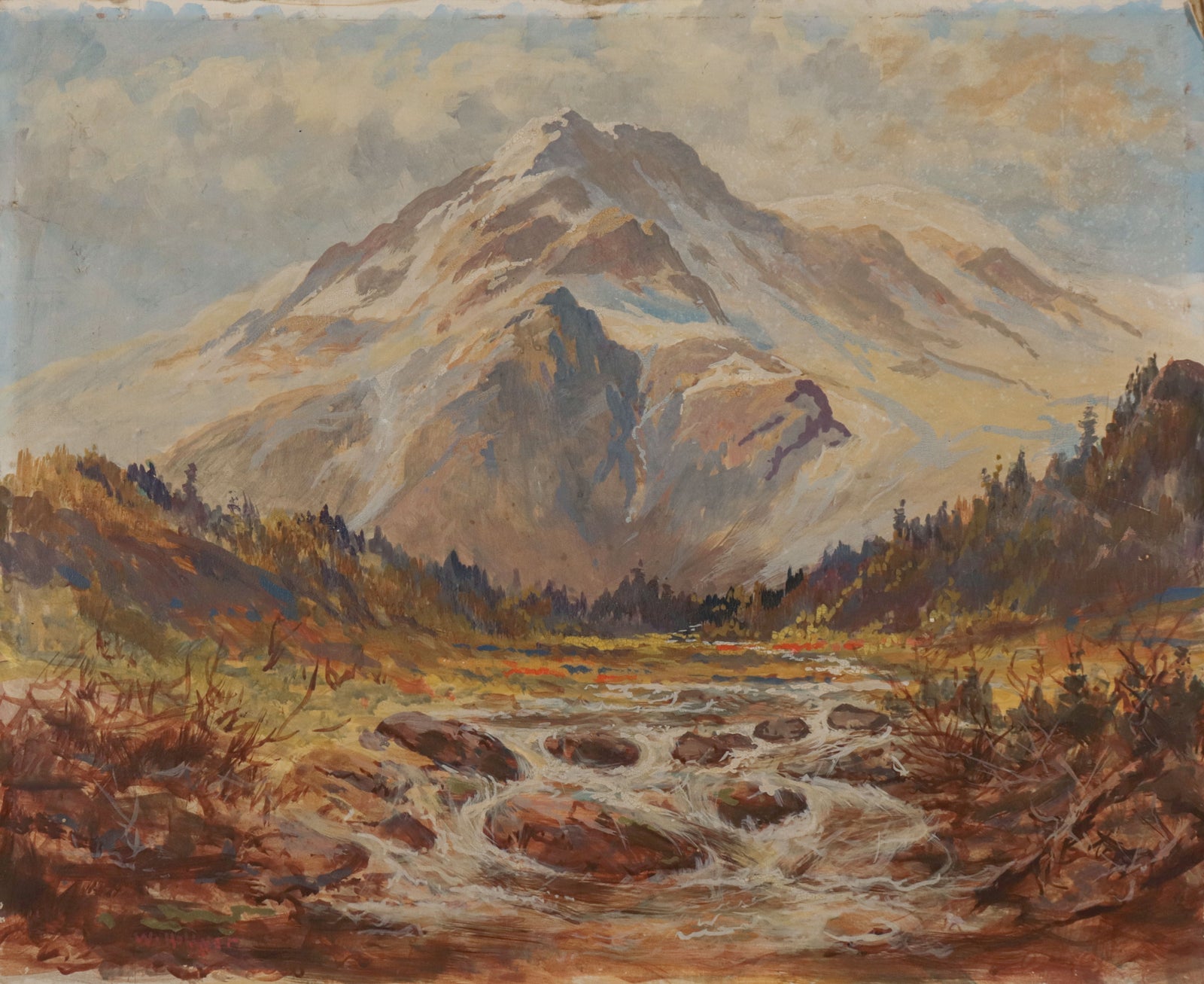 Snowcap Mountain Scene <br>Late 19th Century Oil & Gouache <br><br>#D0740
