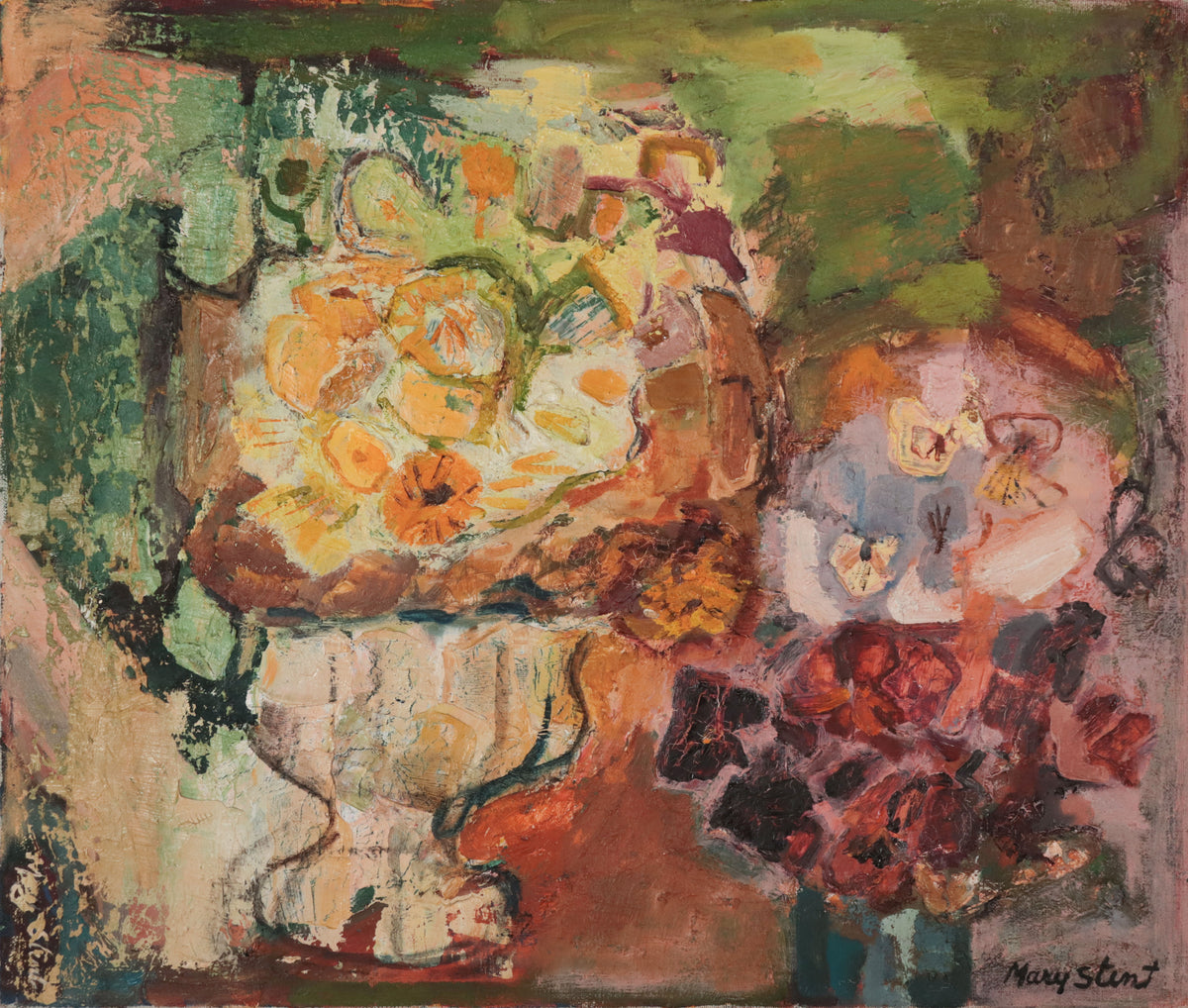 Surreal Abstracted Floral Still Life <br>1950-60s Oil <br><br>#D0772