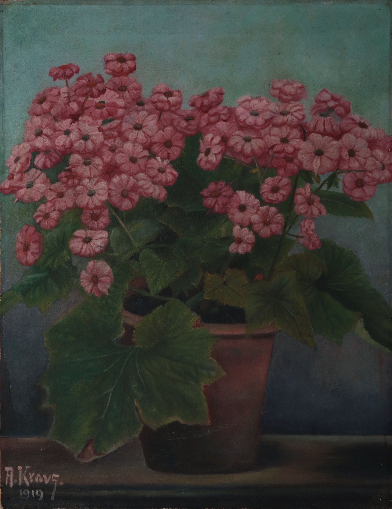 Early 20th Century Flowers in Pot <br>1919 Oil <br><br>#D0773