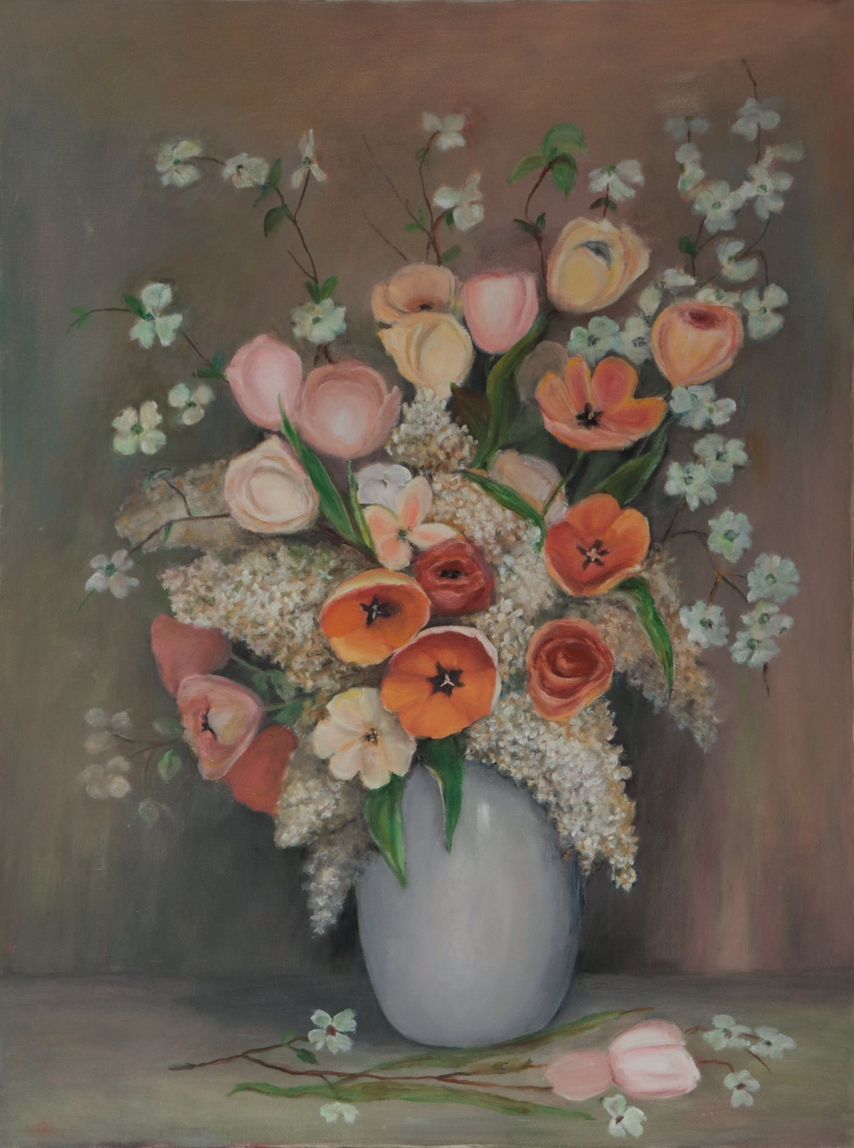 Still Life with Flowers in Vase <br>Mid Century Oil <br><br>#D0774