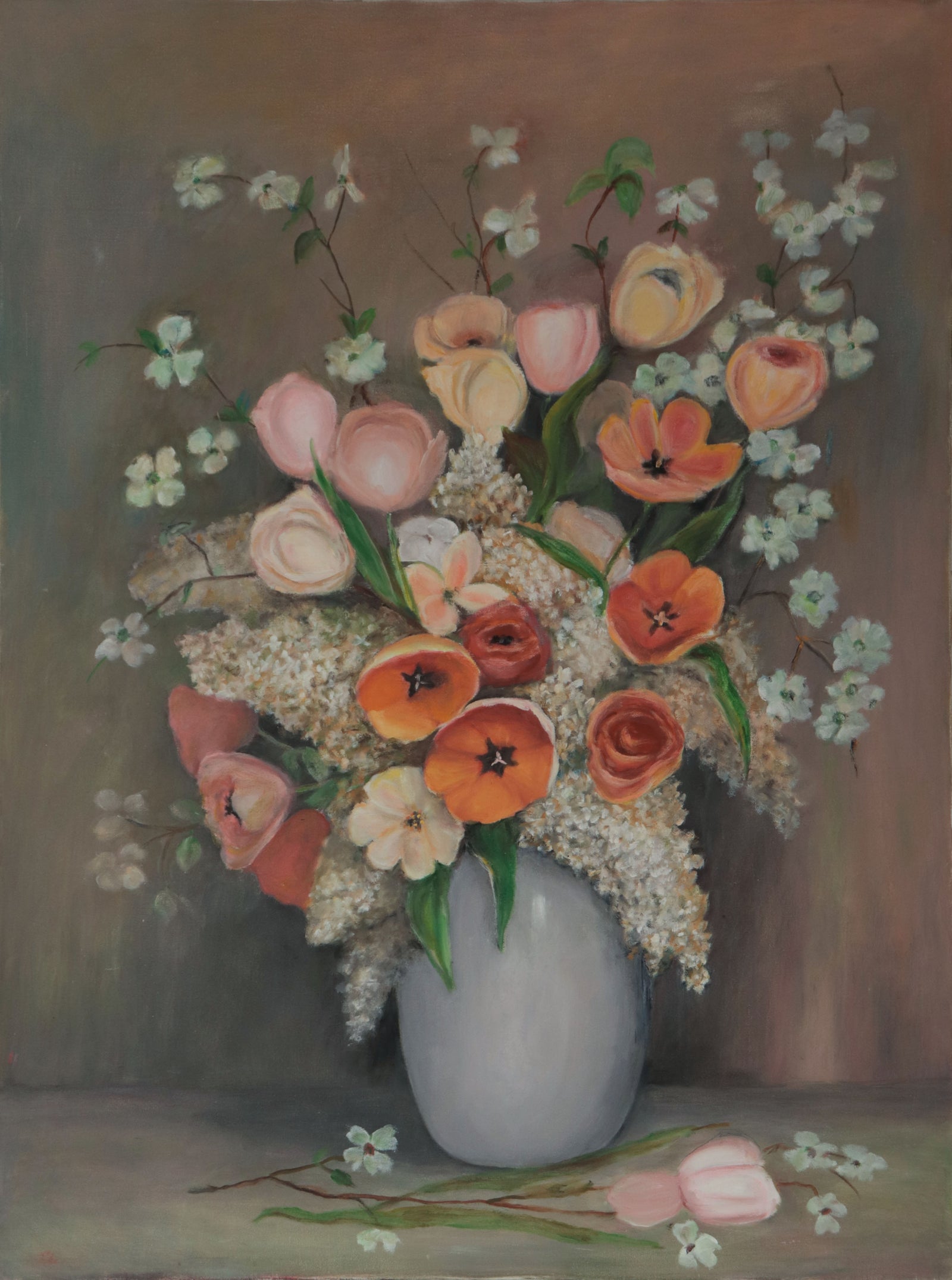 Traditional Still Life with Flowers <br>Mid Century Oil <br><br>#D0774