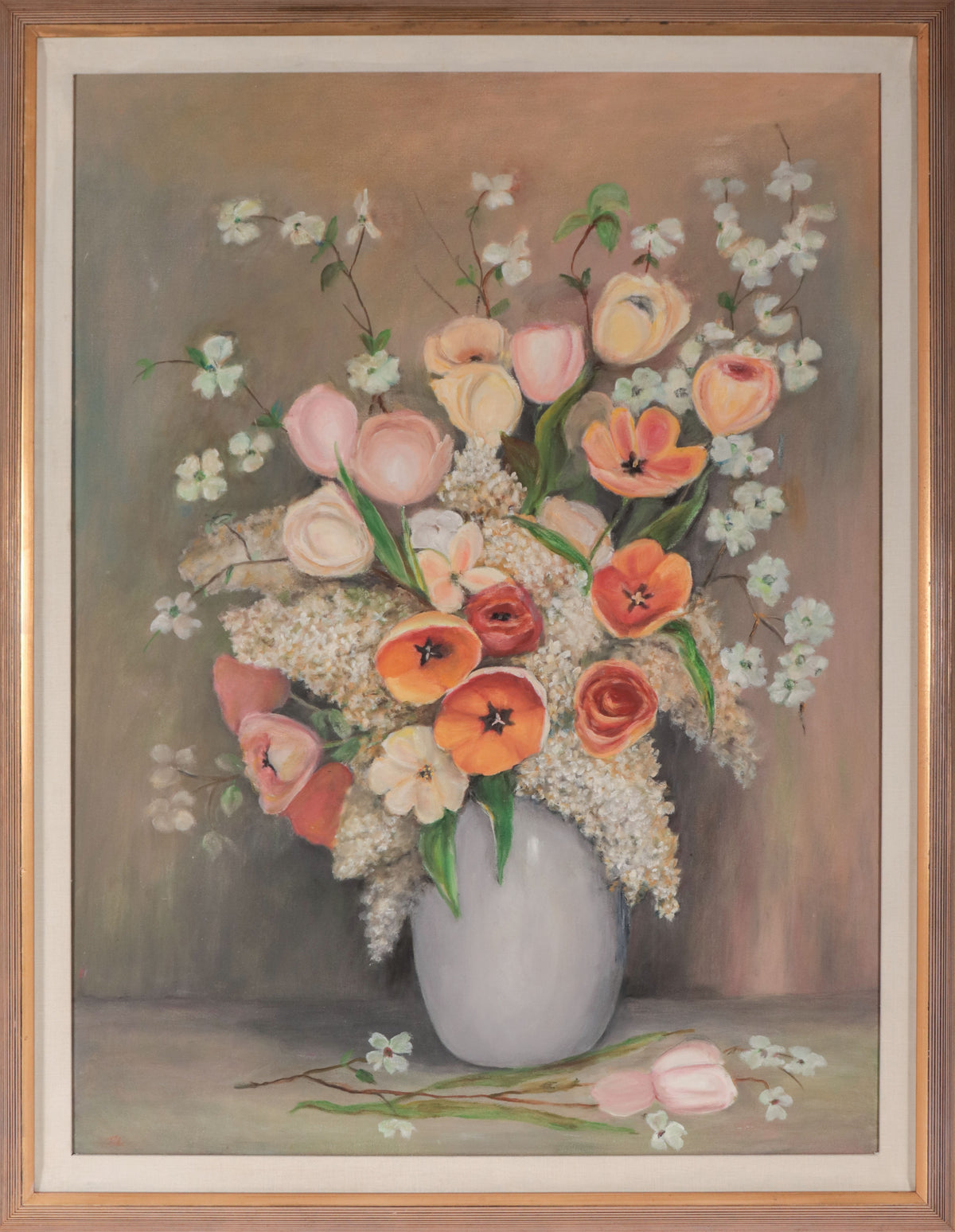 Traditional Still Life with Flowers <br>Mid Century Oil <br><br>#D0774