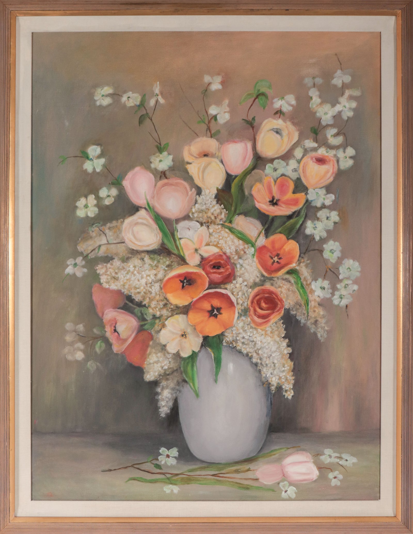 Traditional Still Life with Flowers <br>Mid Century Oil <br><br>#D0774